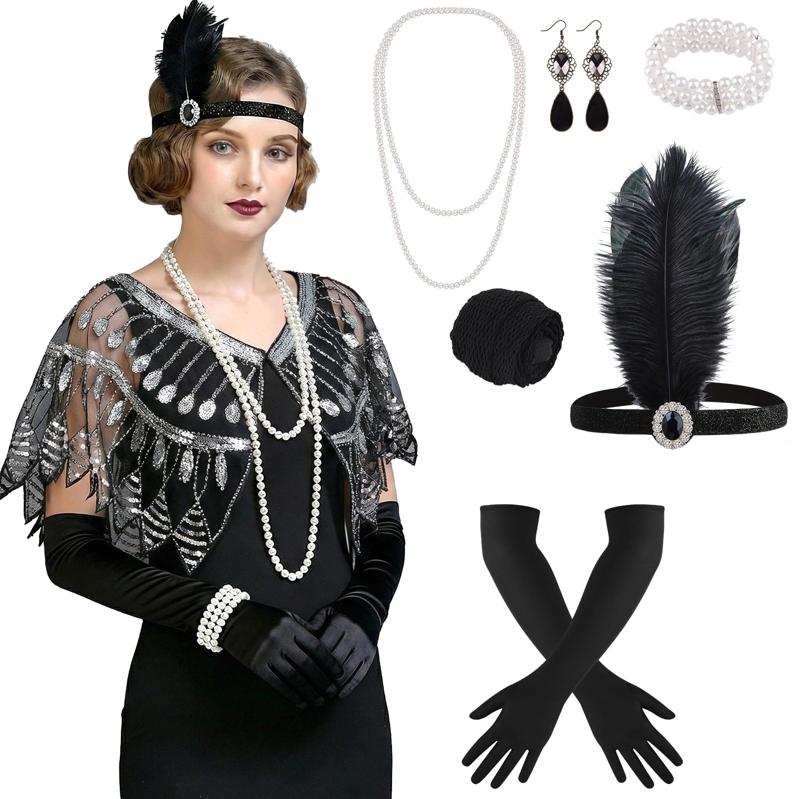 ELECLAND 10 Pieces 1920s Flapper Gatsby Accessories Set Fashion Roaring 20's Theme Set with Headband Headpiece for Women, Black Sliver, Style 4, a — image 1