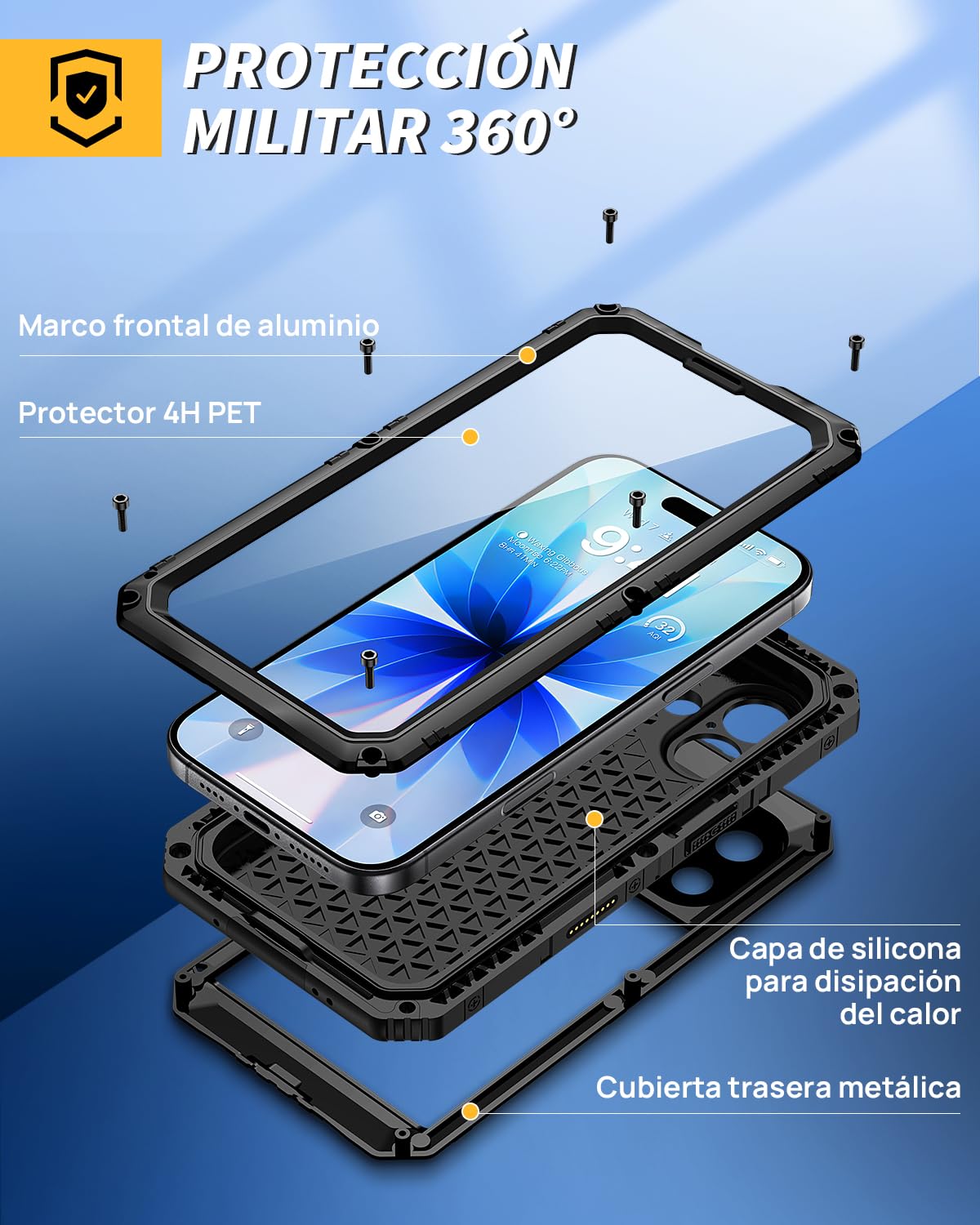 Lanhiem Funda para iPhone 17 Impermeable IP68, 360° Antigolpes Protección Militar Resistente, Carcasa Duradera Antipolvo Estanca, Metal Armor Waterproof Case para iPhone 17, Negro