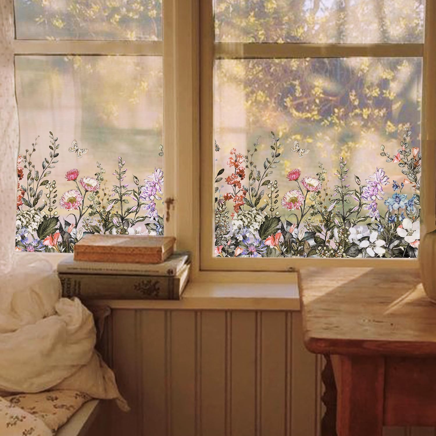 Floral Window Film, Spring Tropical Window Clings, See-Through Static Cling Removable Decorative Stickers for Bathroom Sliding Glass Door Decor, Wildflower Meadow, 11.81''x35.43''