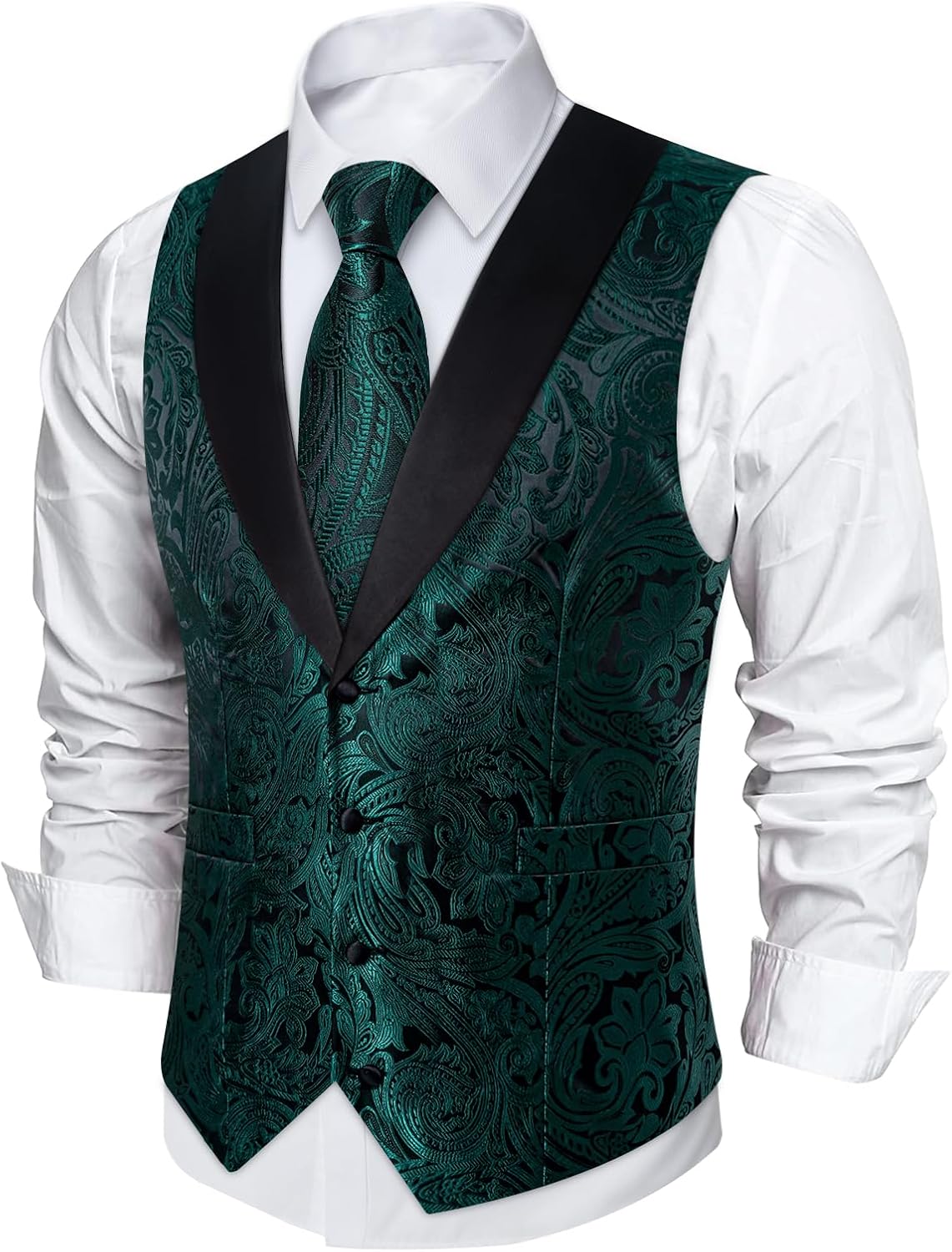 DiBanGu Mens Paisley Suit Vest Silk Jacquard Waistcoat and Necktie Set Formal Shawl Collar Dress Vest 7PCS for Wedding Party