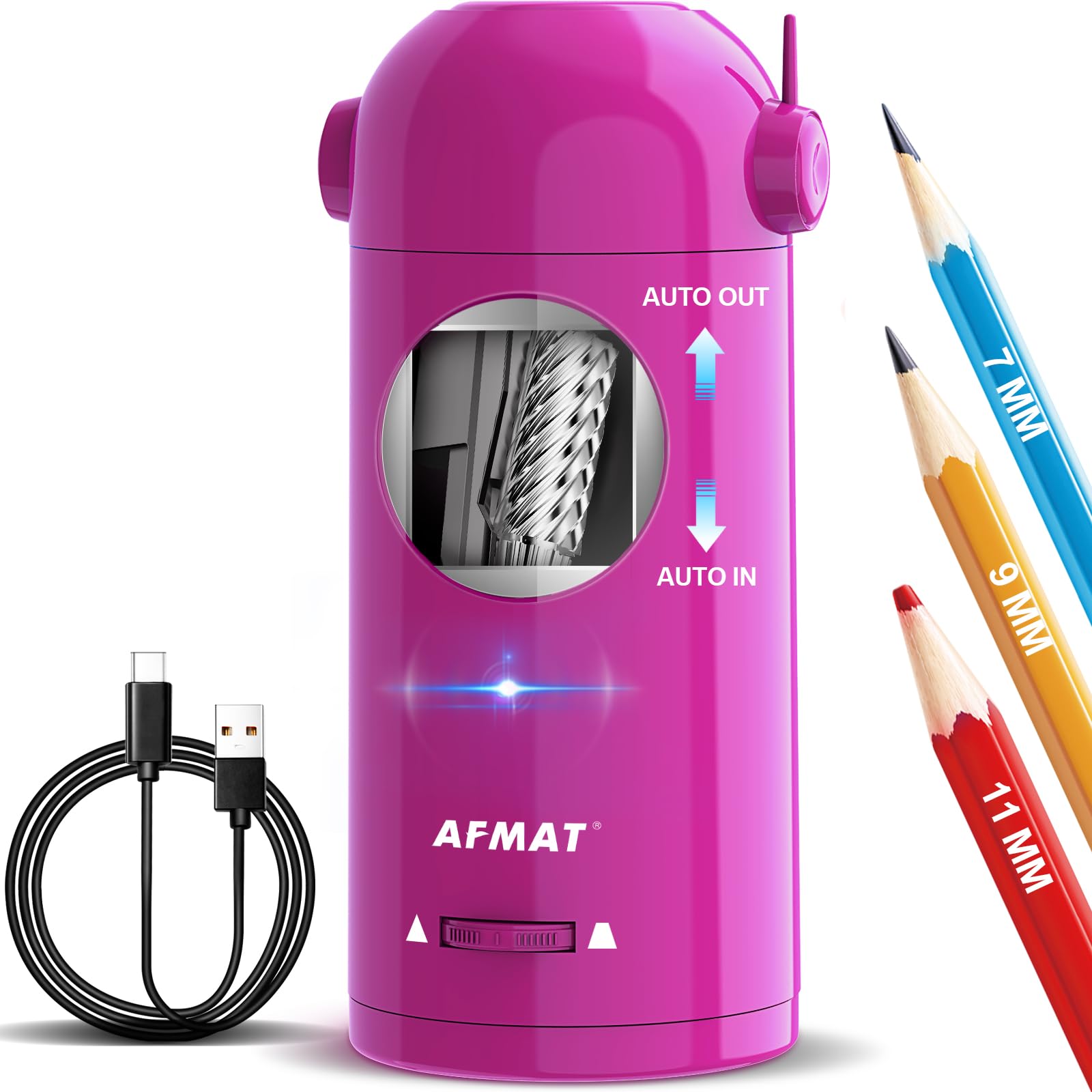 AFMAT Fully Automatic Electric Pencil Sharpener for Colored Pencils 7-11.5mm,Auto in&Out, Rechargeable Hands-Free Pencil Sharpener with Container for School,Home,Classroom,Battery Operated,Purple PSX5