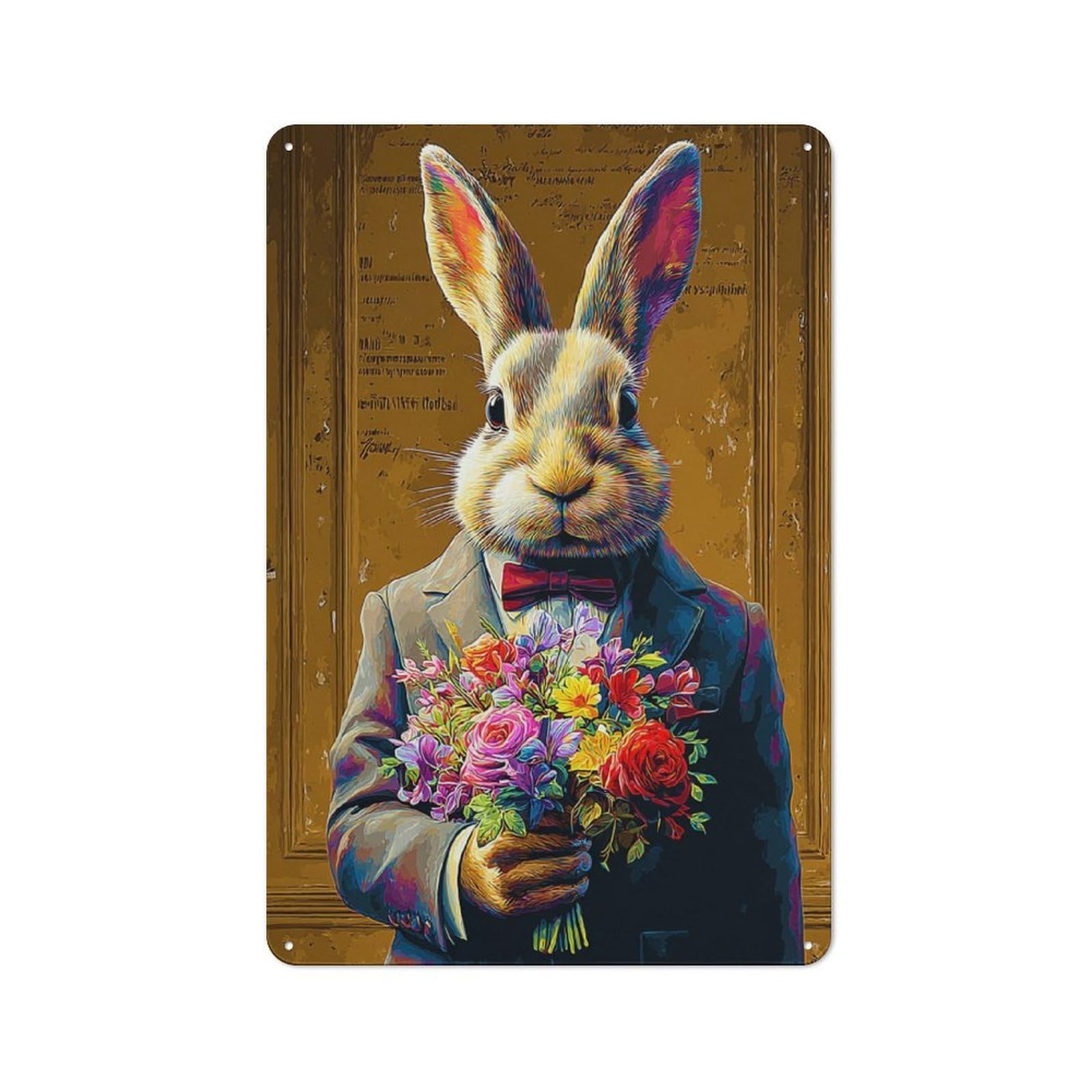 Junmoney Rabbit In Suit Holding Flowers Retro Metal Plaque 30X20cm Featuring Bistro Wall Plaque For Bakery, Diner, Cafe Or Family Room