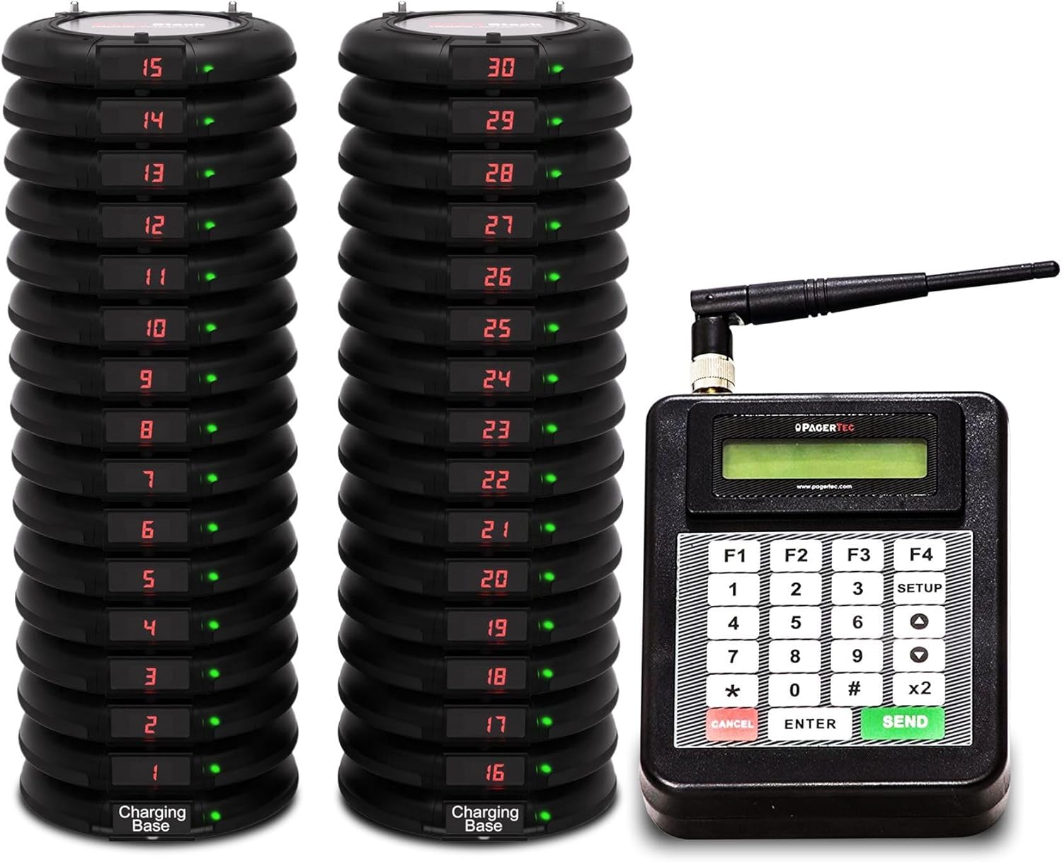 PagerTec Wireless Coaster Paging Calling System for Restaurants, Hospitals, Office & Hotels | Consists: 1 Transmitter, 2 Charging Bases & Long Range Pagers (Set of 30 Units)