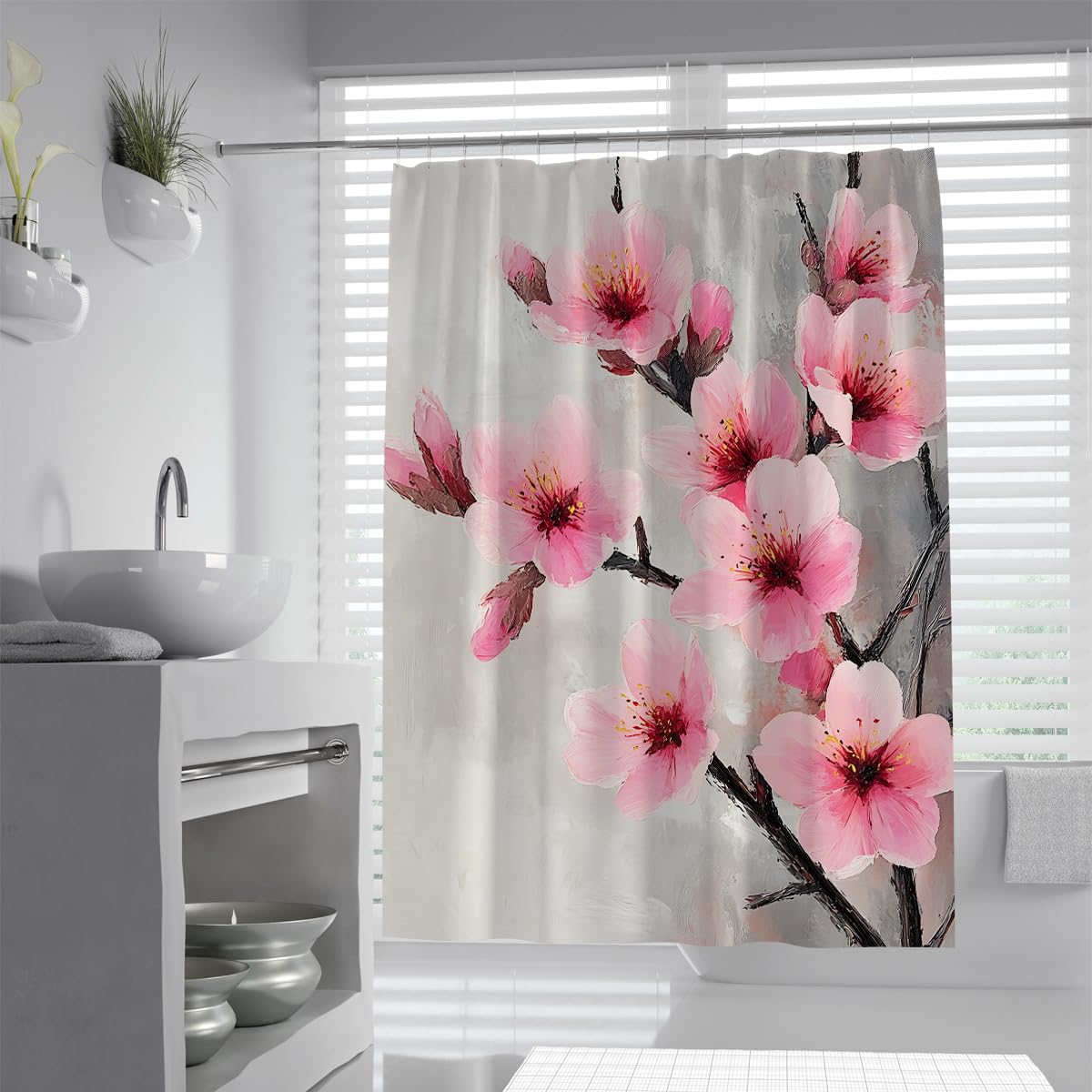 UIRINGART Chic Artistic Pink Petal Shower Curtain W200xL220cm Grey Background Wildflower Branch Mildew Resistant Water Repellent Bath Curtains With Hooks