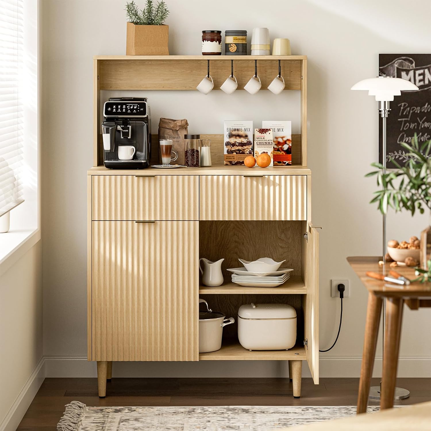 Coffee Bar Cabinet with Storage, Modern Sideboard with Drawers, Shelves, Outlet and Fluted-Door for Kitchen, Dinning Room, Living Room, Natural