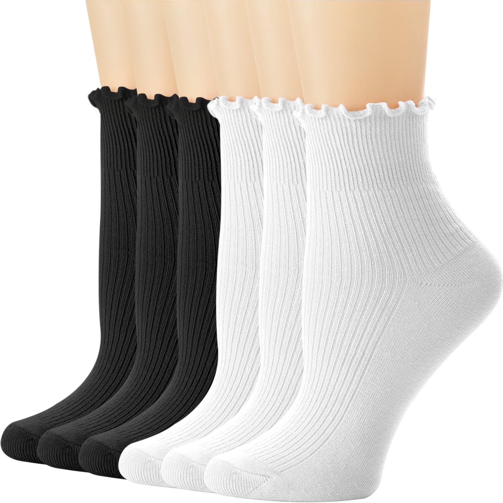 DRESHOW Women Ruffle Frilly Socks Casual Ankle Socks Breathable Cotton Crew Knit Socks for Women 6 Pack