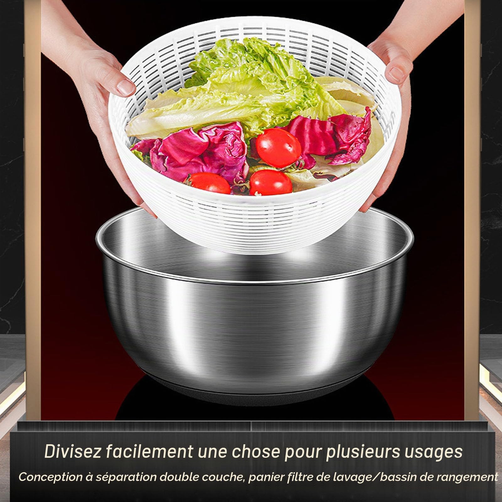 Essoreuse à salade électrique, 4,8L Essoreuse à laitue de grande capacité Rotateur de salade en acier inoxydable Séchoir à légumes Lave-fruits Nettoyant pour laitue Panier de drainage