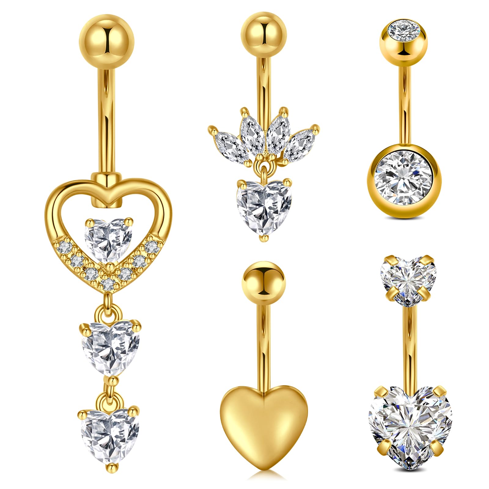 MODRSA 14G Gold Belly Button Rings Stainless Steel Heart Dangle Triple Diamond CZ Belly Bar Belly Piercing 10MM Navel Piercing Bananabells Bar Women, Stainless Steel Cubic Zirconia
