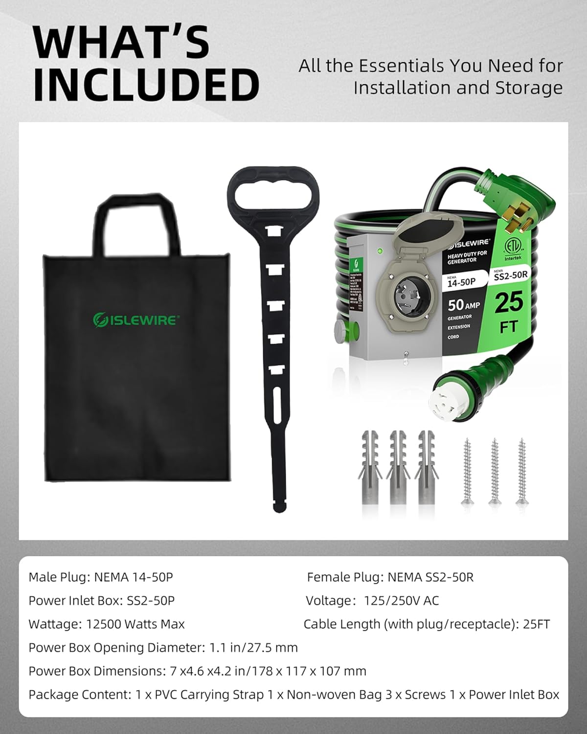 50 Amp 25FT Generator Cord and Pre-Drilled Power Inlet Box, NEMA 14-50P to SS2-50R Generator Cord Kit, 6/3+8/1 AWG STW Twist Lock Connector, 125/250V 12500W, ETL Listed, Ready for Emergency Use