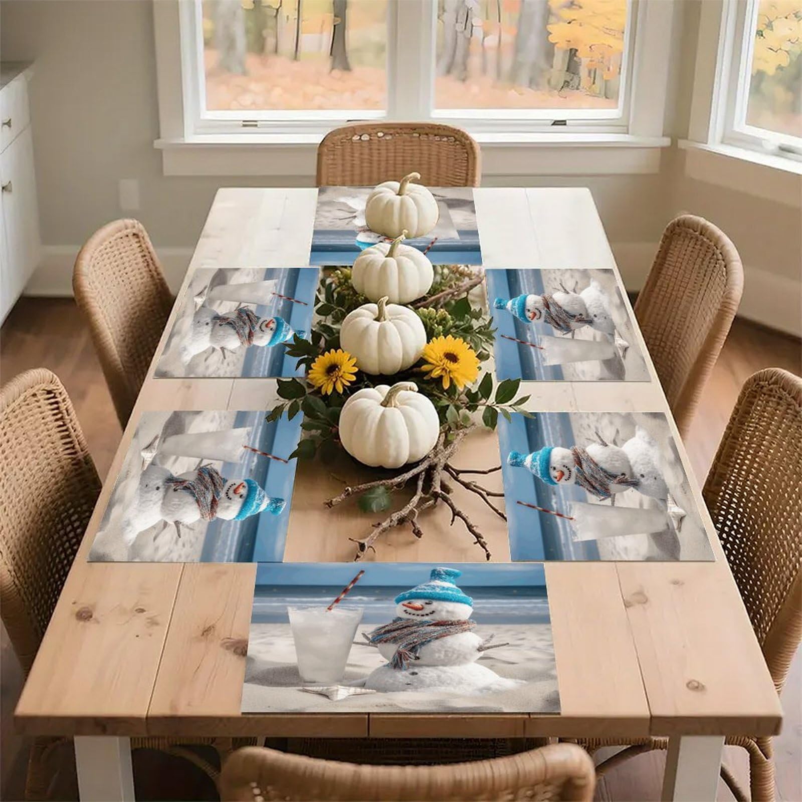 Snowman Bech Placemats Wipeable Heat Resistant Table Mats Washable Flax Place Mats Elegant Cloth Non-Slip Placemat for Kitchen Dinning Party Table Decor 12 * 18 in