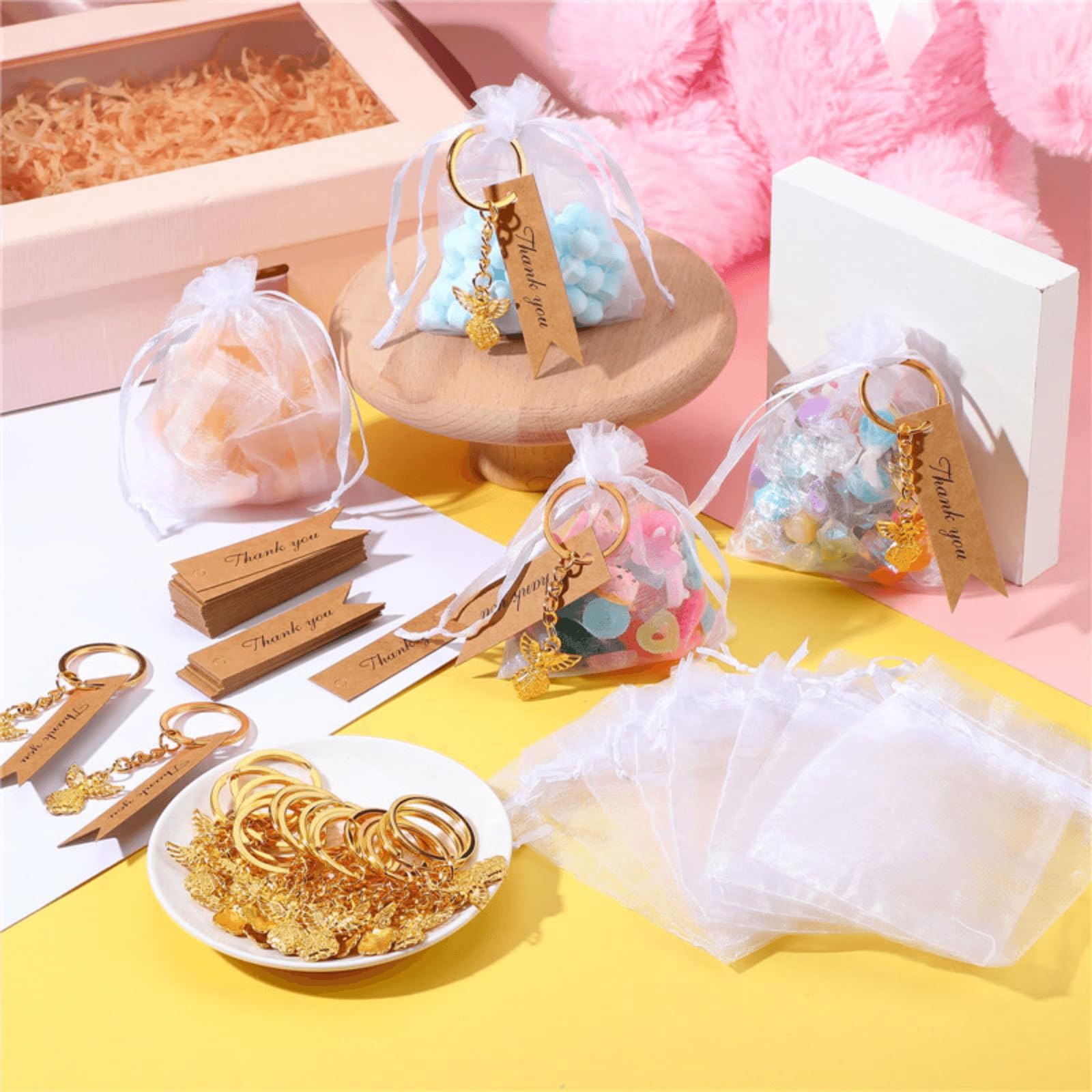 30 portachiavi a forma di angelo custode, regalo di nozze, regalo per ospiti, con etichette vuote e sacchetti in organza, per regali per feste, decorazioni per baby shower, oro