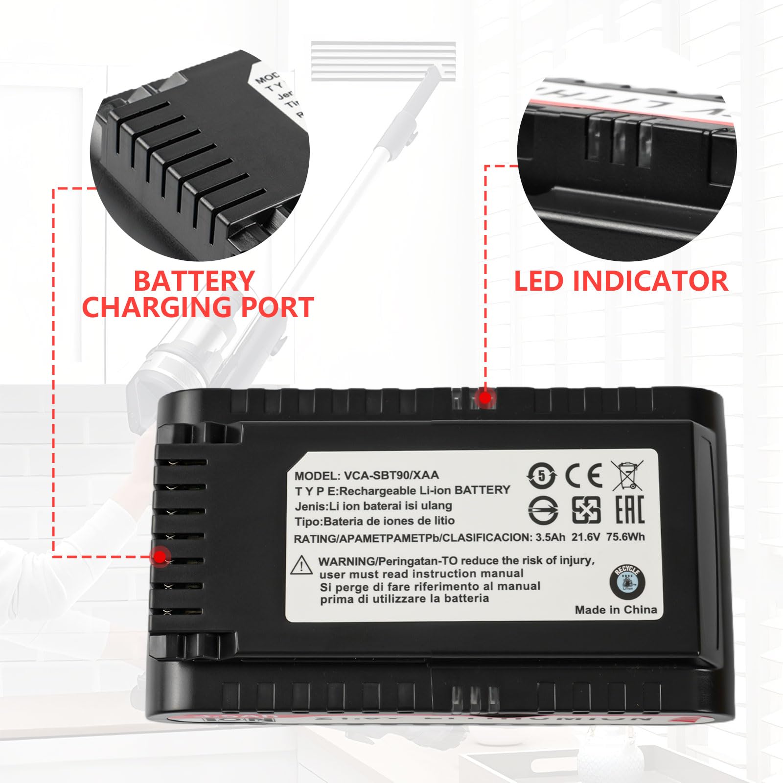 VCA-SBT90/XAA Batteria per Samsung Jet 75 Batteria, compatibile con Samsung Jet 75/75+/75 Pet/Jet 90/90+, VS20R9046T3/AA VS20T7536T5/AA 3500mAh