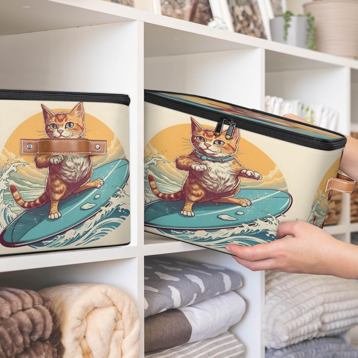 Storage Bin Set of 2 Water Ski Cat Storage Basket with Zipper Lid & Handle Foldable Closet Shelf 2 Pack Cloth Organizer Basket Cube Bins Clothes Organizer for Bedroom, Nursery