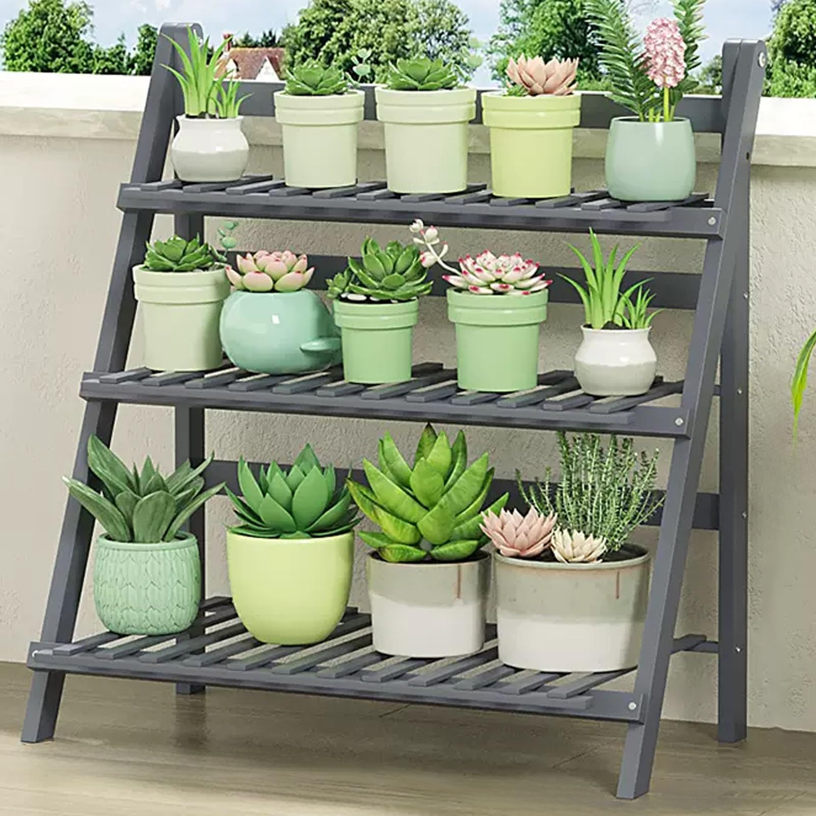 Support de rangement bambou 3 niveaux gris pour ranger vos pots de fleurs