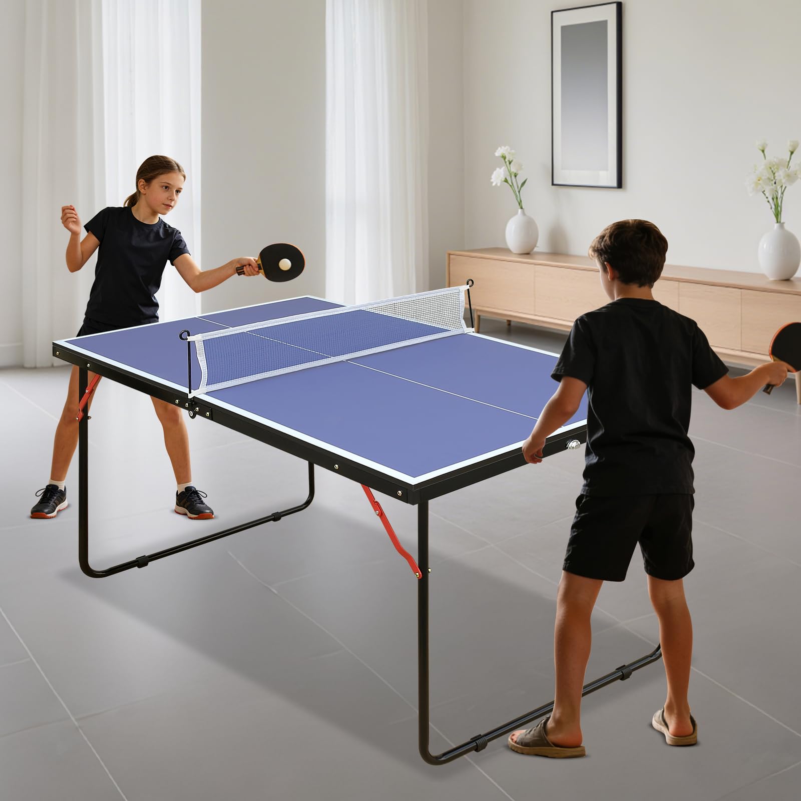 Platzsparend Faltbarer Tischtennis-Tisch 137,2 cm mit Netz, 2 Schlägern und 3 Bällen für Indoor & Outdoor