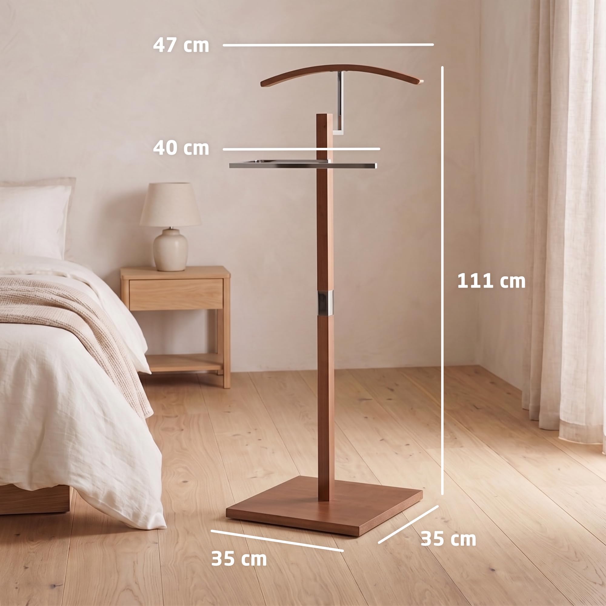 Servo Muto Mod. VAREN - Finitura Cromo e Legno - Con Appendiabiti Superiore e Barra per Pantaloni - 47 x 35 x 111 cm - Acciaio Inossidabile e Legno - Appendiabiti per Camera da Letto