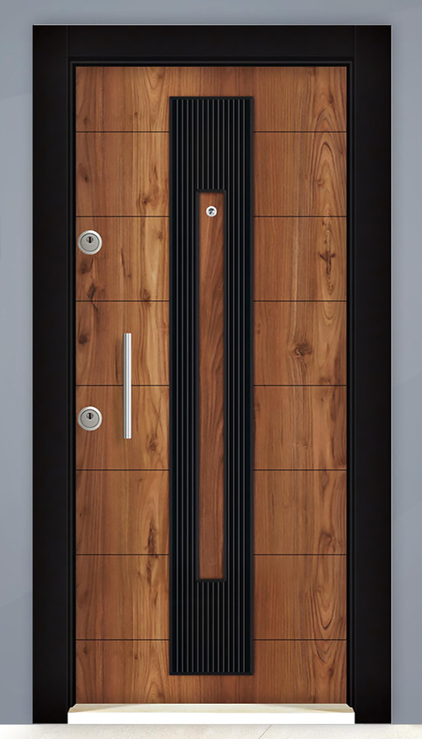 Porta Blindata d’Ingresso dal Design Moderno con Lana Minerale 2 Sistemi di Chiusura Portone 90x200 Laminato Noce e Nero PL46 (Interna destra)