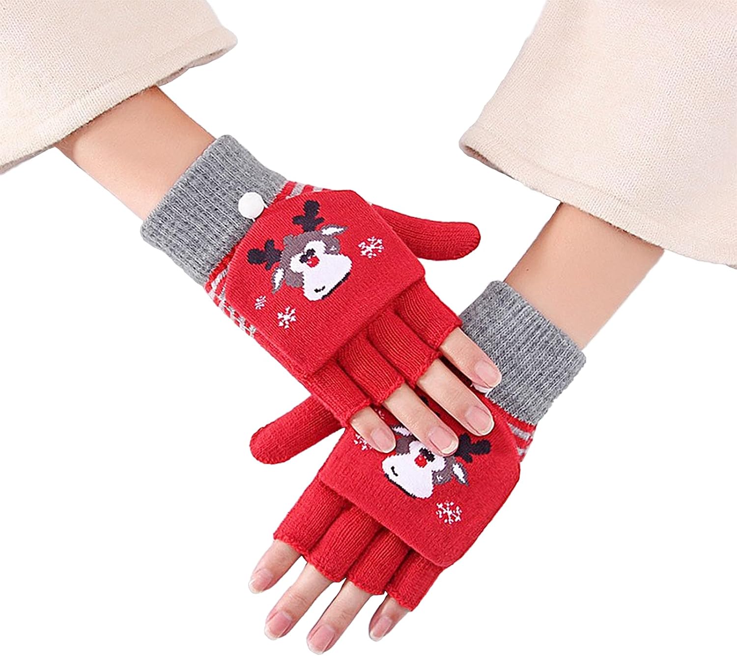 BXT Cute Christmas Kids Winter Gloves Warm Knitted Convertible Fingerless Gloves with Flip for Texting Writing Cold Weather