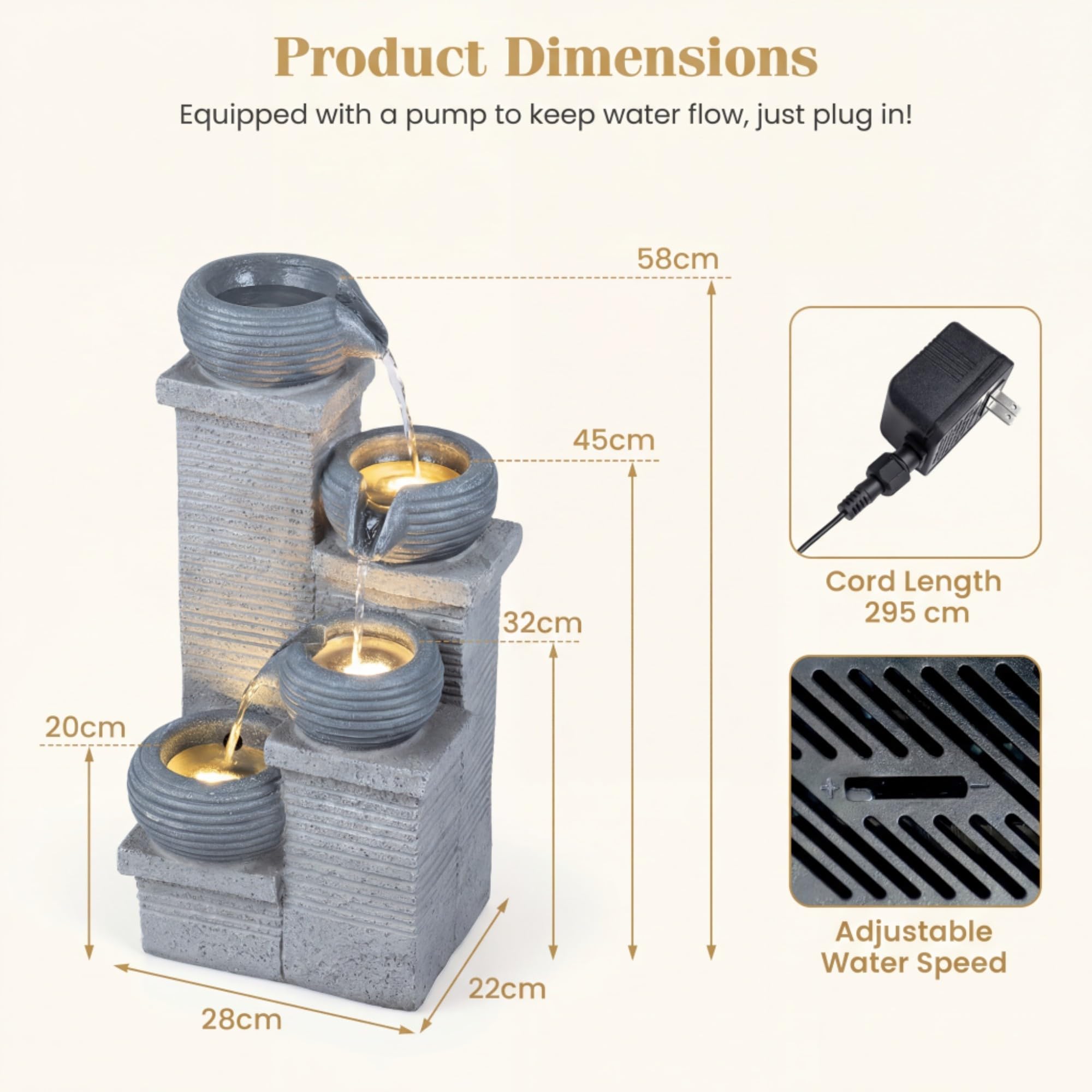 HOMASIS Fontaine de Jardin, Fontaine d'eau Extérieure 4 Niveaux avec Lumières LED, Pompe à Eau, Débit Réglable, Résine et Fibre de Verre, Cascade Décoration pour Patio Balcon, 27 x 24 x 58 cm
