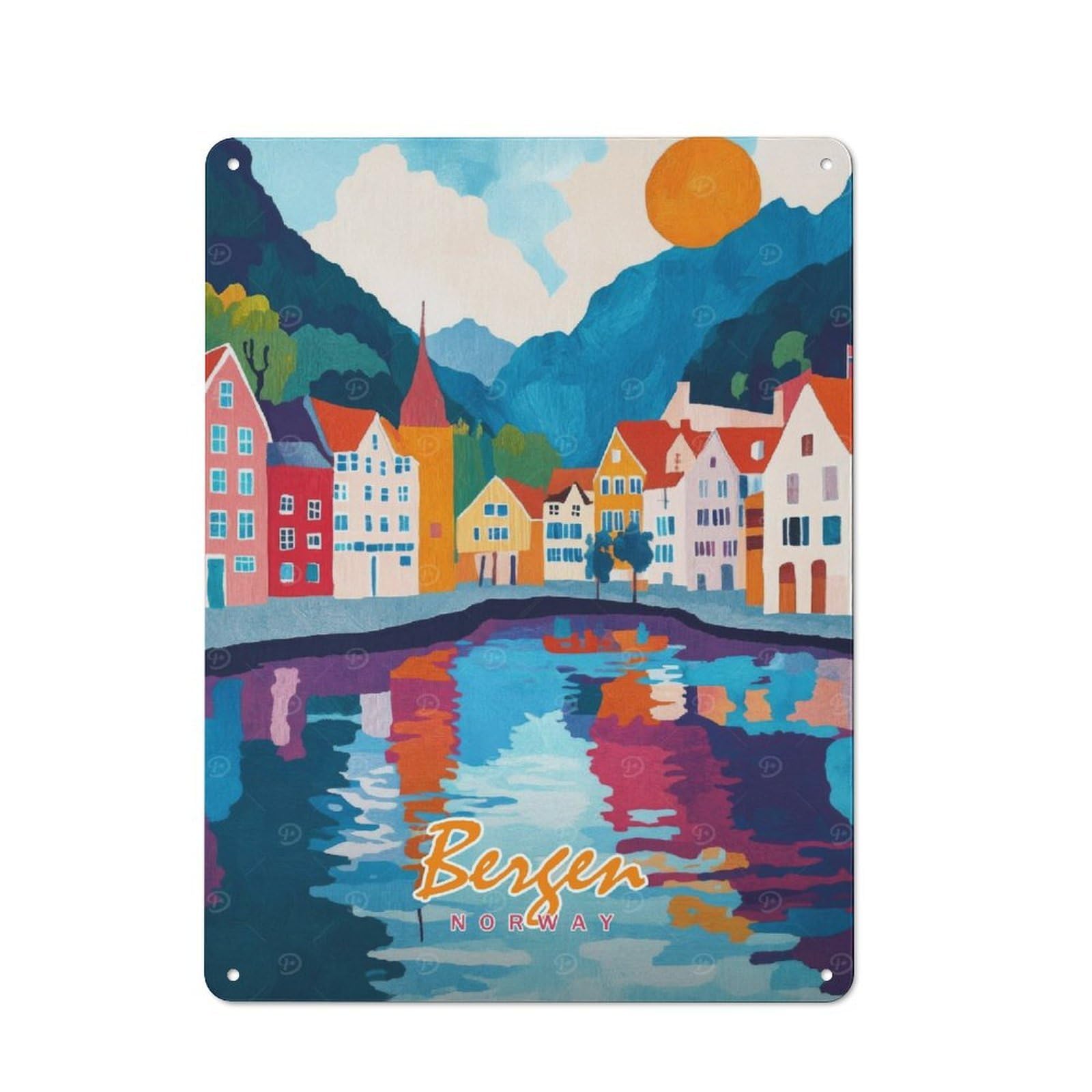 Bergen, Norway Watercolor Decorative Metal Sign 40x30cm, Country Style Bistro Wall Plaque for Kitchen, Cafe, Pantry Or Dining Room