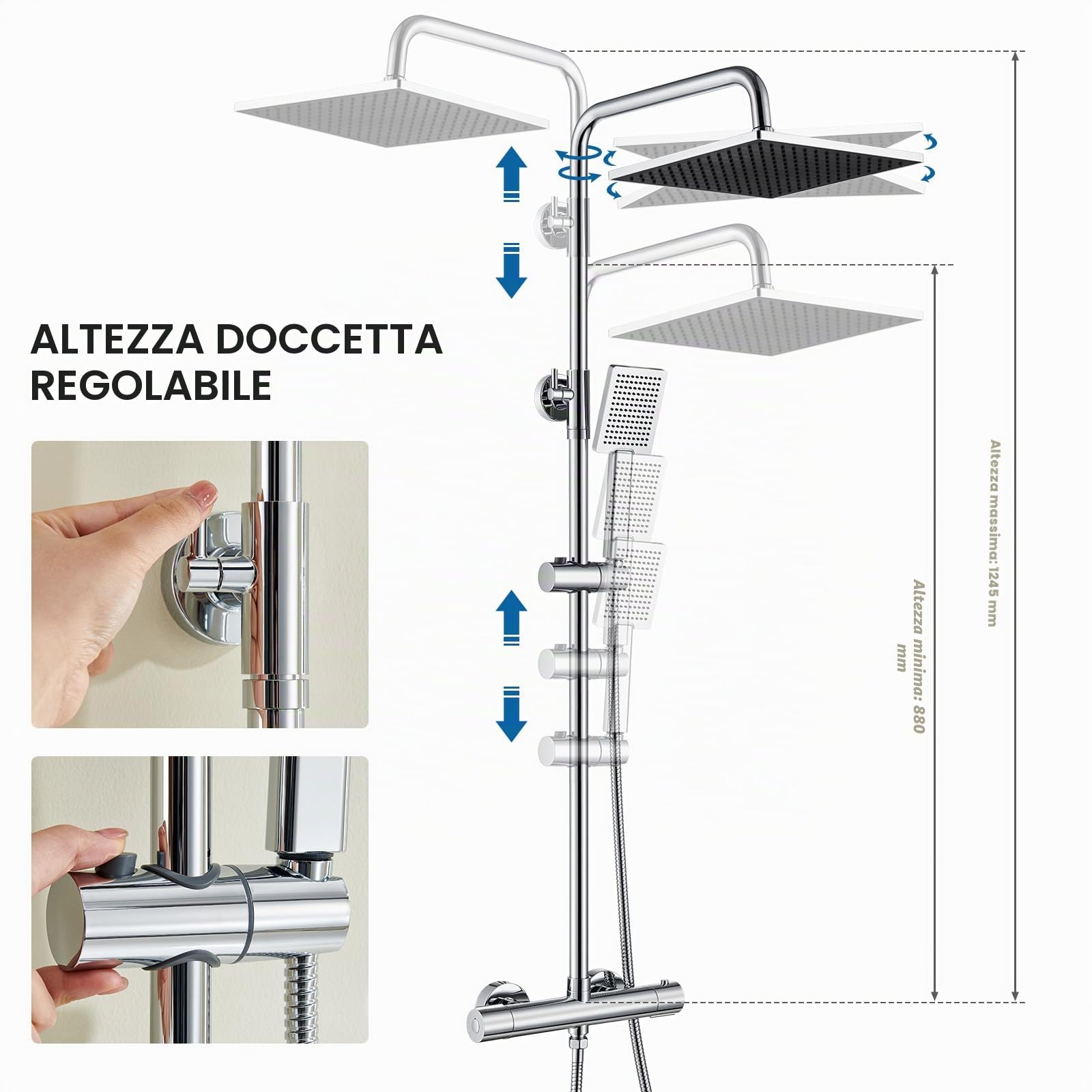 Auralum Colonna Doccia Kit con Rubinetto Termostatico Antiscottatura, Miscelatore Doccia Esterno con Soffione Doccia 25x25cm, Doccetta, Asta Doccia in Acciaio Inox e Tubo Doccia 1,5m, Cromo