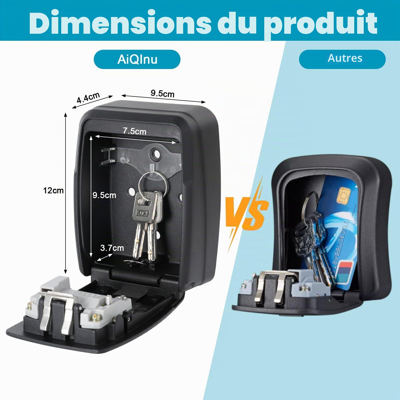 AiQInu Boîte à Clef avec Code à 4 Chiffres, Aluminium, Murale | Sécurisé Extérieur, Pour Clés et Cartes, Coffre-fort à Clés, Pour Garages et Bureaux