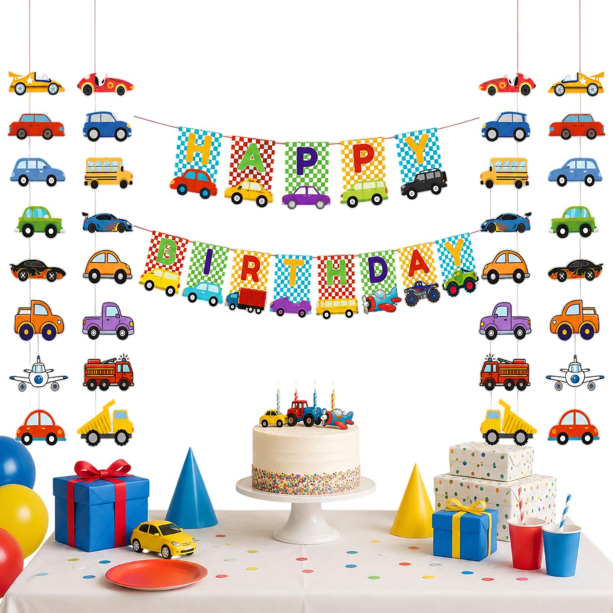 Vehicle Theme Happy Birthday Banner Decoration Kit | Transportation Birthday Party Bunting | Pre-Strung Happy Birthday Banner with Vehicle Danglers | 300 GSM Cardstock-image-45