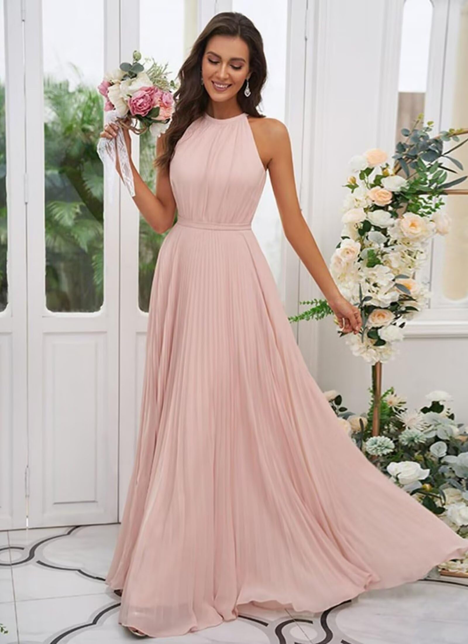 JAEDEN Abendkleid Damen Lang Elegant für Hochzeit Neckholder Brautjungfernkleider Chiffon Festliches Party Kleid Gold 36