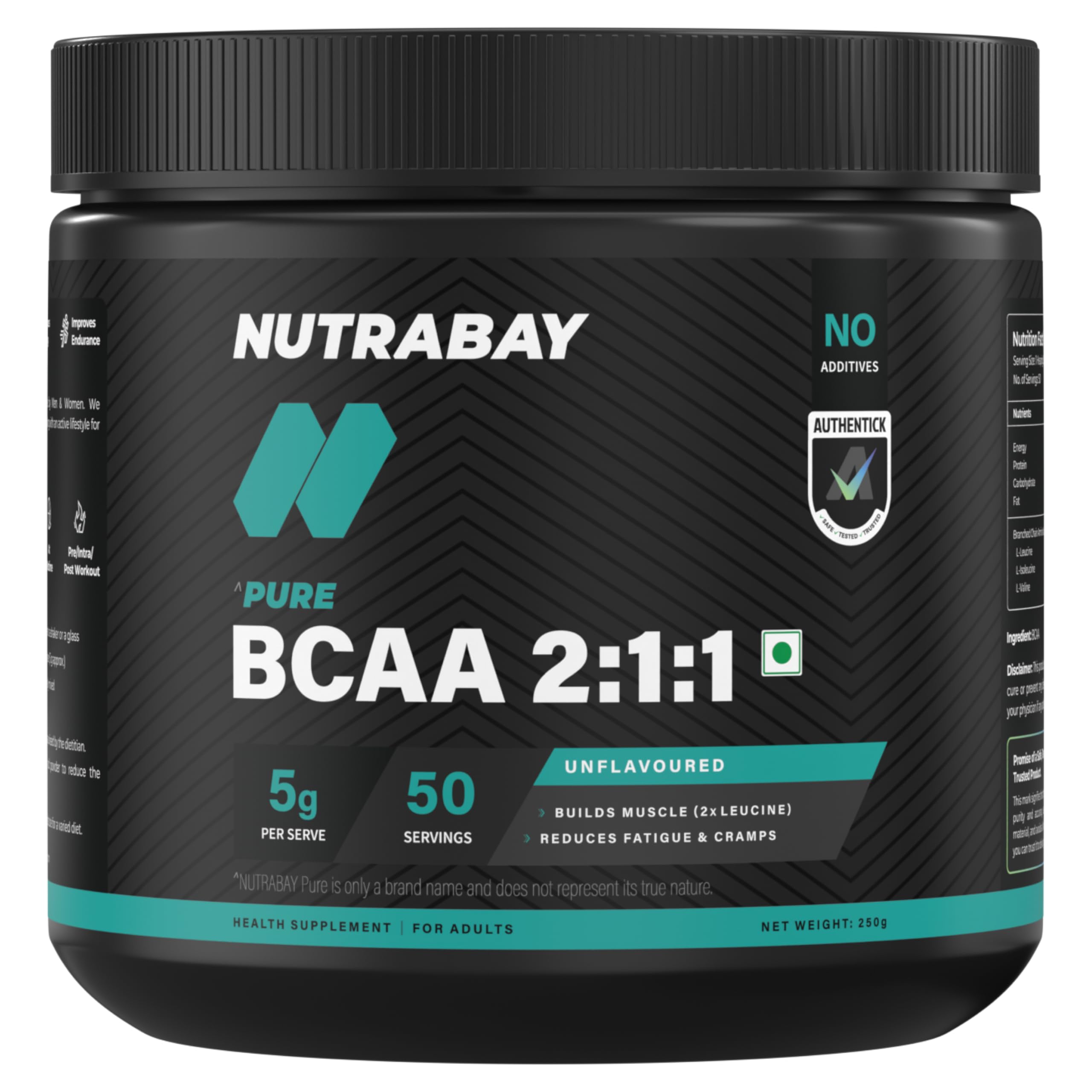 Nutrabay Pure BCAA 2:1:1-5000 mg Vegan BCAAs, Intra/Post Workout Energy Drink for Muscle Recovery & Endurance - 250g Unflavoured