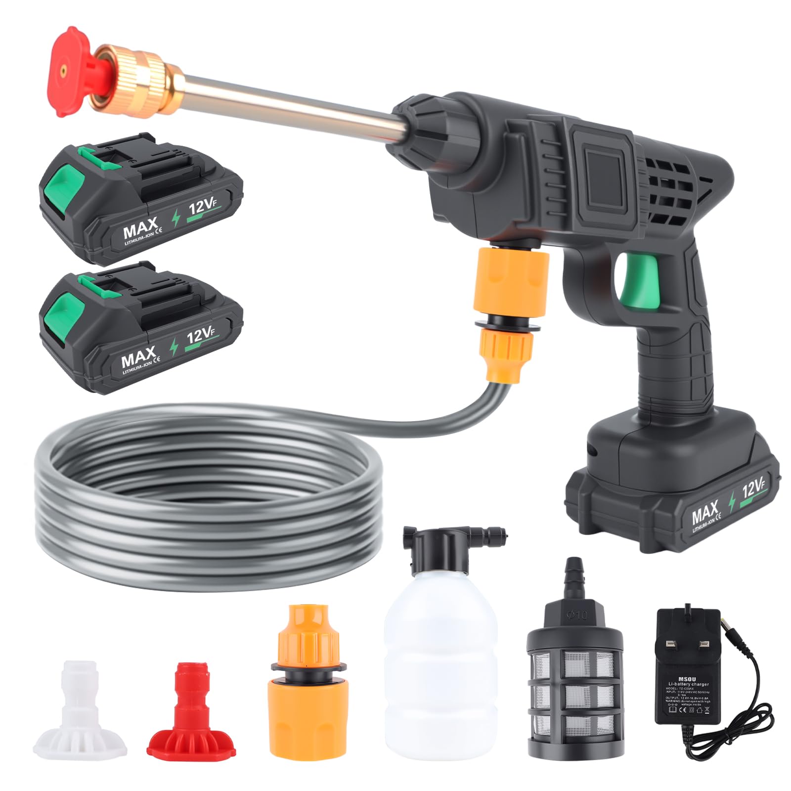 Battery Powered Cordless Pressure Washer with 2 Batteries, 960 PSI Portable Jet Wash, Handheld Power Washer, 2-in-1 Nozzle, Foam Cannon & 5M Hose for Car, Patio, Garden, Bike & Outdoor Cleaning