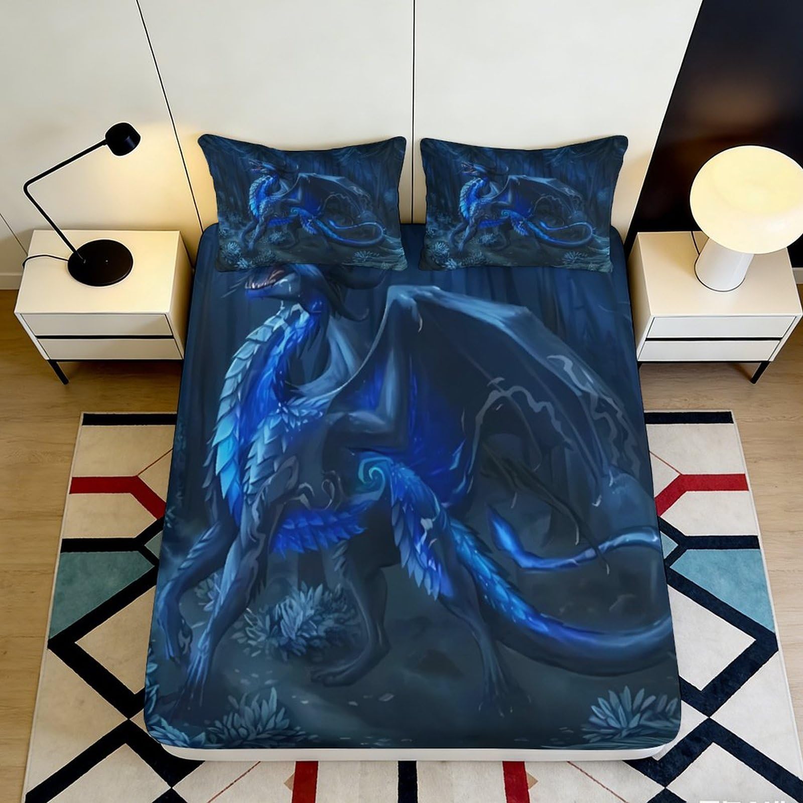 3D Printed Blue Dragon Fitted Sheet Microfiber Soft Breathable Mystic Forest Bed Cover for Bedroom Dormitory Guest Room Mattress Protection Decor 120x200x25cm