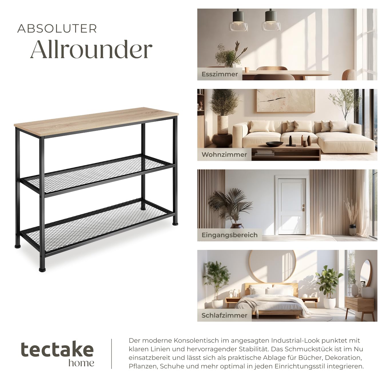 tectake® Industrial Konsolentisch schmal, Bartisch Konsole, Kommode mit 2 Ablagen, Beistelltisch für Wohnzimmer Flur, Sideboard, Regal oder Blumenbank - Industrial Holz hell, Eiche Sonoma