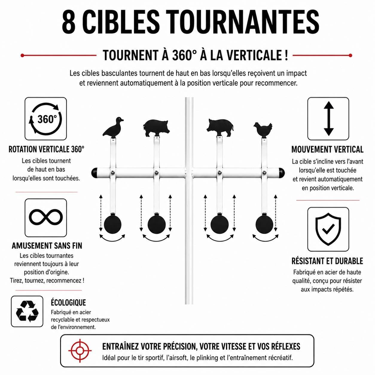 Cible Métallique Mobile avec 8 Cibles Rotatives et Panneau Fixe 14 x 14 cm – pour Tir Sportif à Air Comprimé et Airsoft – Entraînement de Précision et de Vitesse – Robuste et Polyvalente