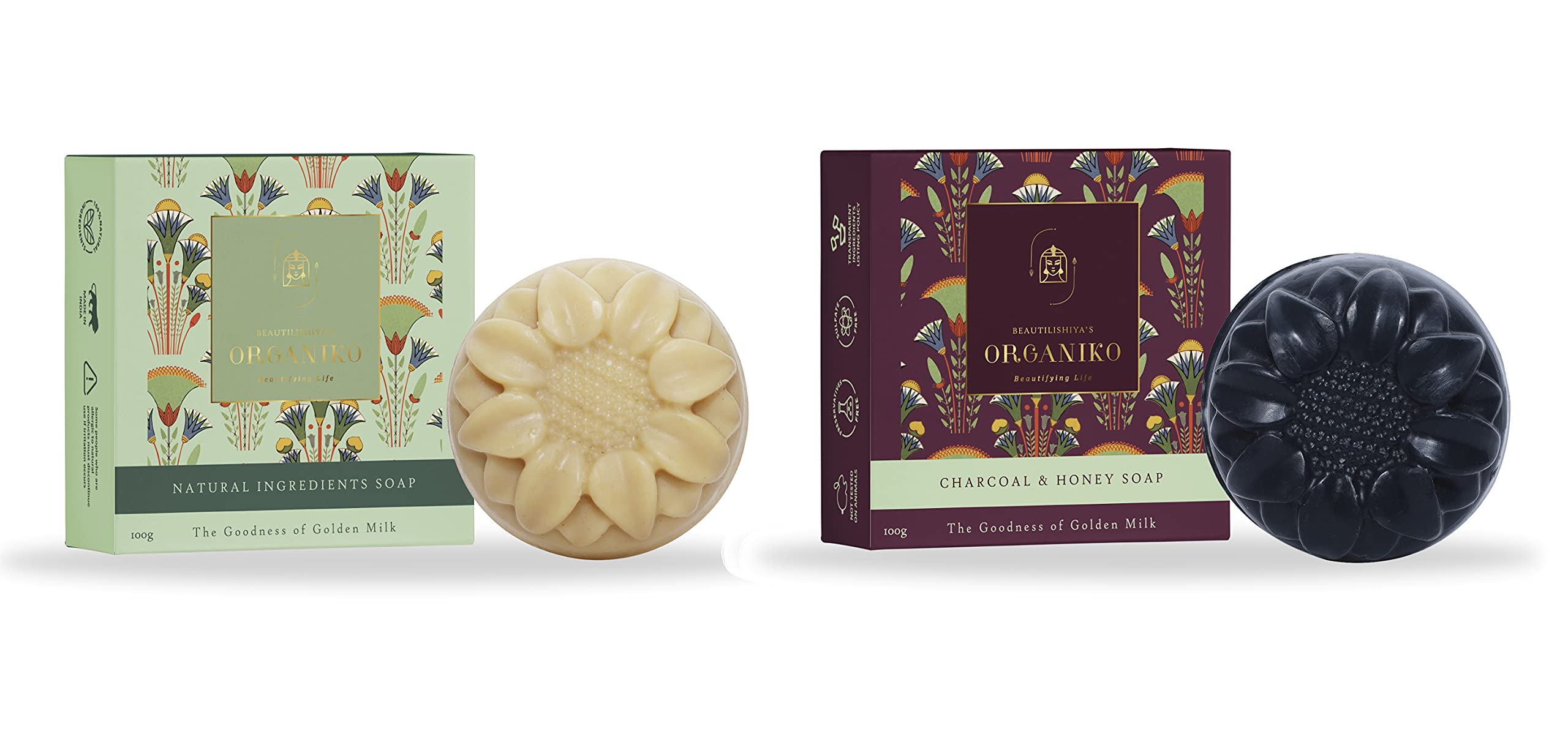 Organiko Beautifying Life Skin Care Nourishing Deep Cleansing Soap For All Skin Types Combo Pack of 2 (Natural + Charcoal)