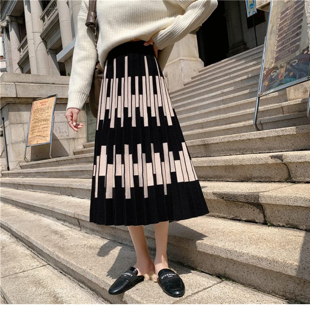 Faldas para Mujer Longitud Mediana, Falda De Punto A Rayas Faldas Plisadas Negras para Mujer Cintura Elástica Midi Falda Elegante De Talle Alto De Línea A Falda
