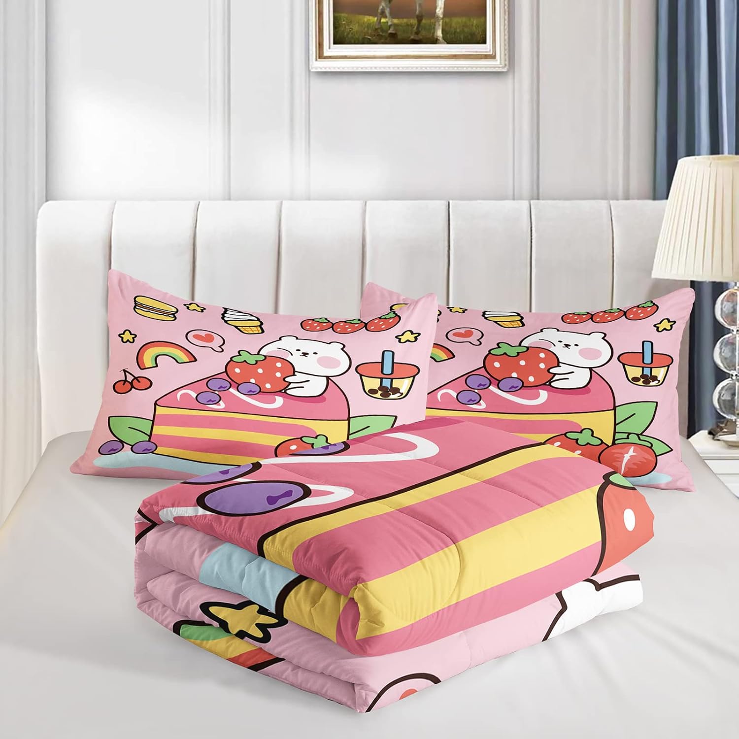 QOOMO Kawaii Bear Comforter Queen,Pink Bear Comforter Set for Kids Teens Girls,3Pcs Bedding Set Printed Comforter with 2 Pillowcases,Down Alternative,Soft and Lightweight，Queen Size