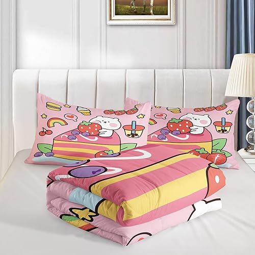 Miniatura 4 de QOOMO - Juego de edredón Kawaii Oso tamaño Queen, juego de edredón rosa de oso para niños, adolescentes y niñas, juego de cama de 3 piezas con