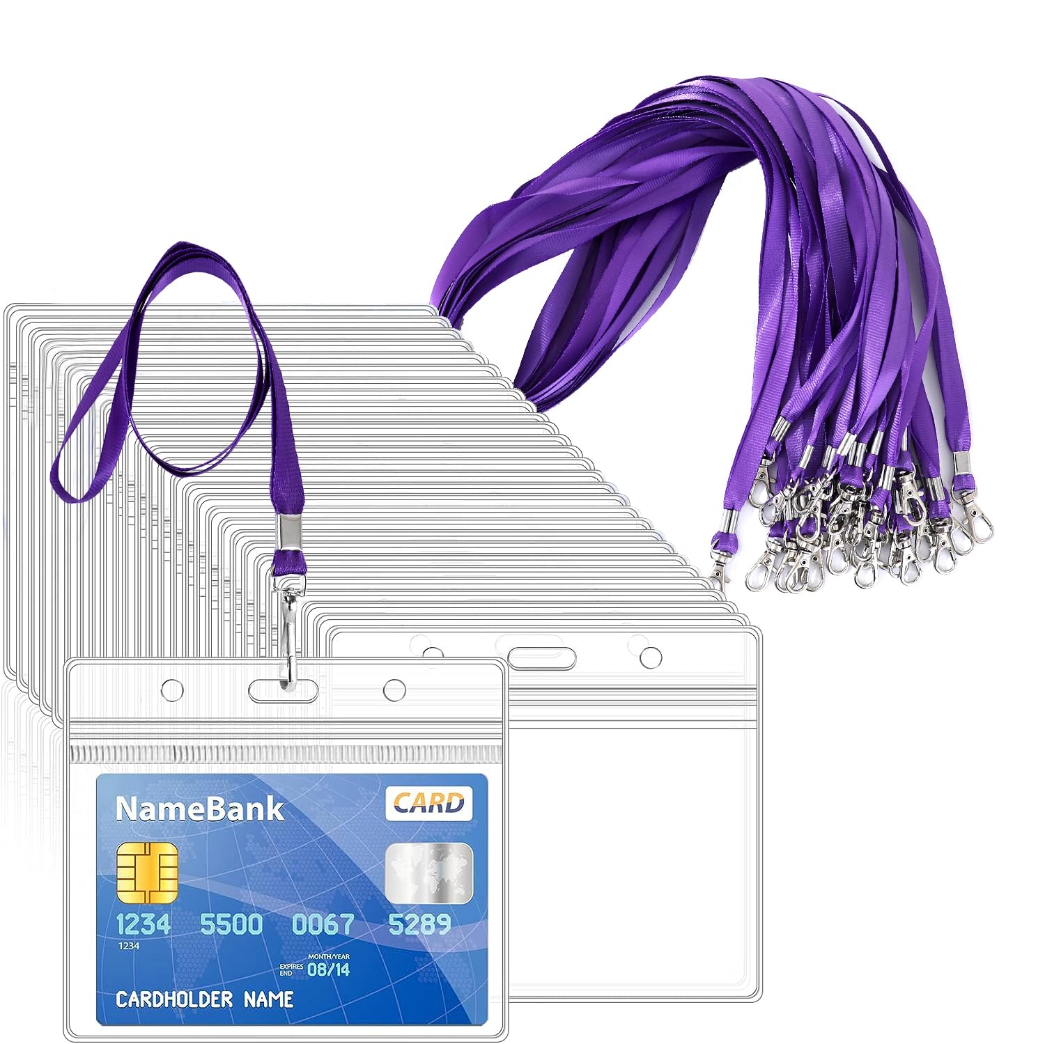 ROSSHINE 15pcs Purple Lanyards with 15pcs Clear Plastic ID Card Holders, Horizontal Sealable Waterproof Name Badge Holders for ID Cards, Office, School, Bus Passes