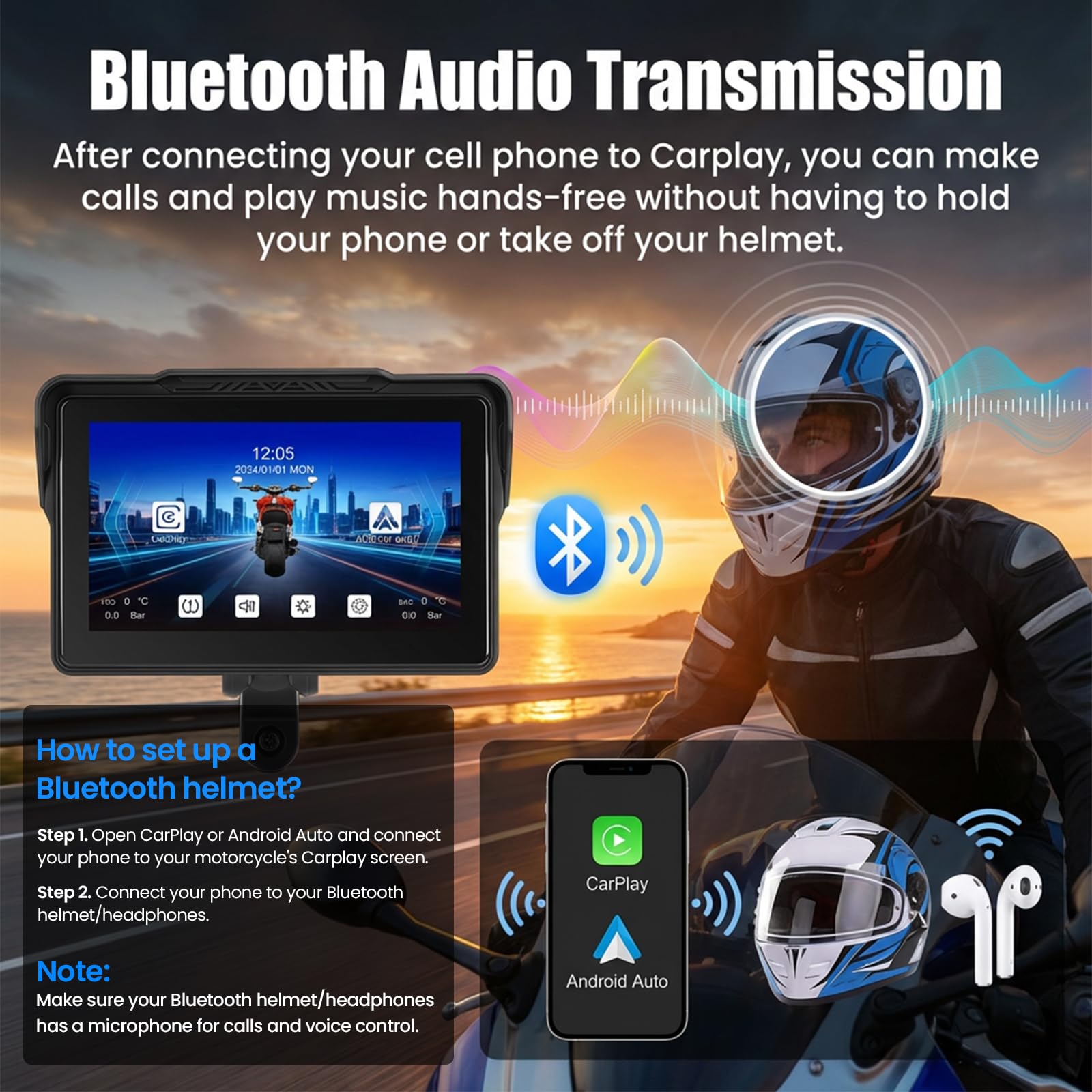 SIXTOP Pantalla Moto 7 Pulgadas, Carplay y Android Auto Inalámbrico para Motocicletas con Soporte Desmontable, Bluetooth, IP67 Impermeable, Control por Voz Siri