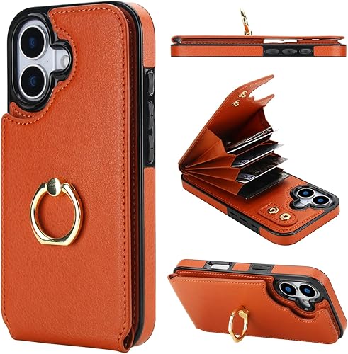 Miniatura 14 de Folosu Funda Cartera compatible con iPhone 17 con tarjetero, rotación de 360°, soporte de anillo de dedo con función atril, bloqueo RFID, de piel
