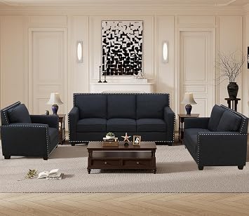 3 Piece Chesterfield Sofa Set,Fabric Sofa Couch Set for Living Room Furniture Sets,Mid-Century Modern Couch Set Sectional Couches with Soft CushionsBlack,Armchair+Loveseat+Sofa