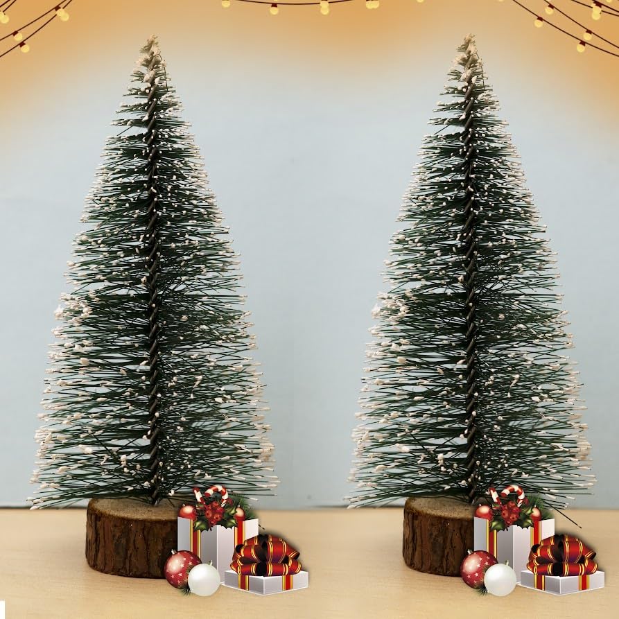 Puremazing Christmas Tree with Snow | Tree with Wooden Base | Frosted Pine Tree | 15 cm Long, 2 Trees | Xmas Tree for Home Decor, Corporate Gifting & Christmas