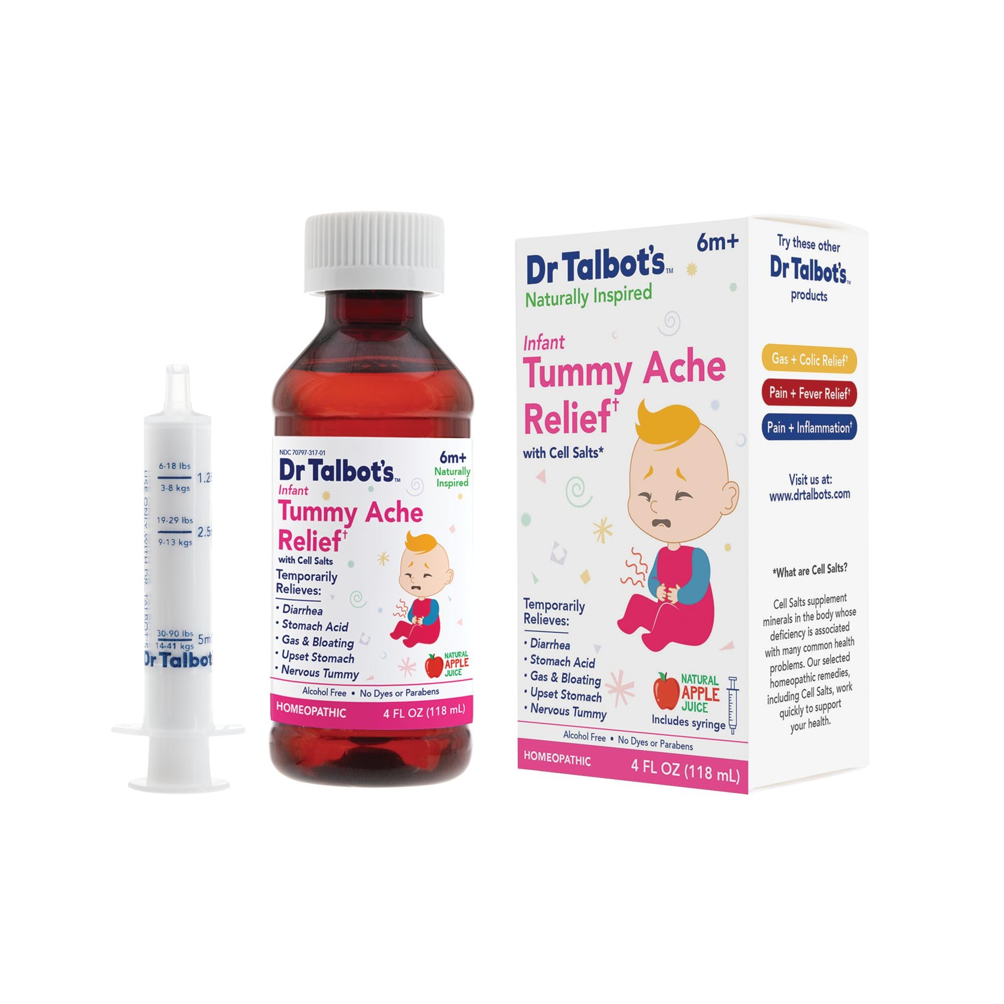 Dr. Talbot's Infant Tummy Ache Relief with Cell Salts - 4 fl oz - Naturally Inspired Kids Stomach Relief - Natural Apple Flavor - Includes Syringe