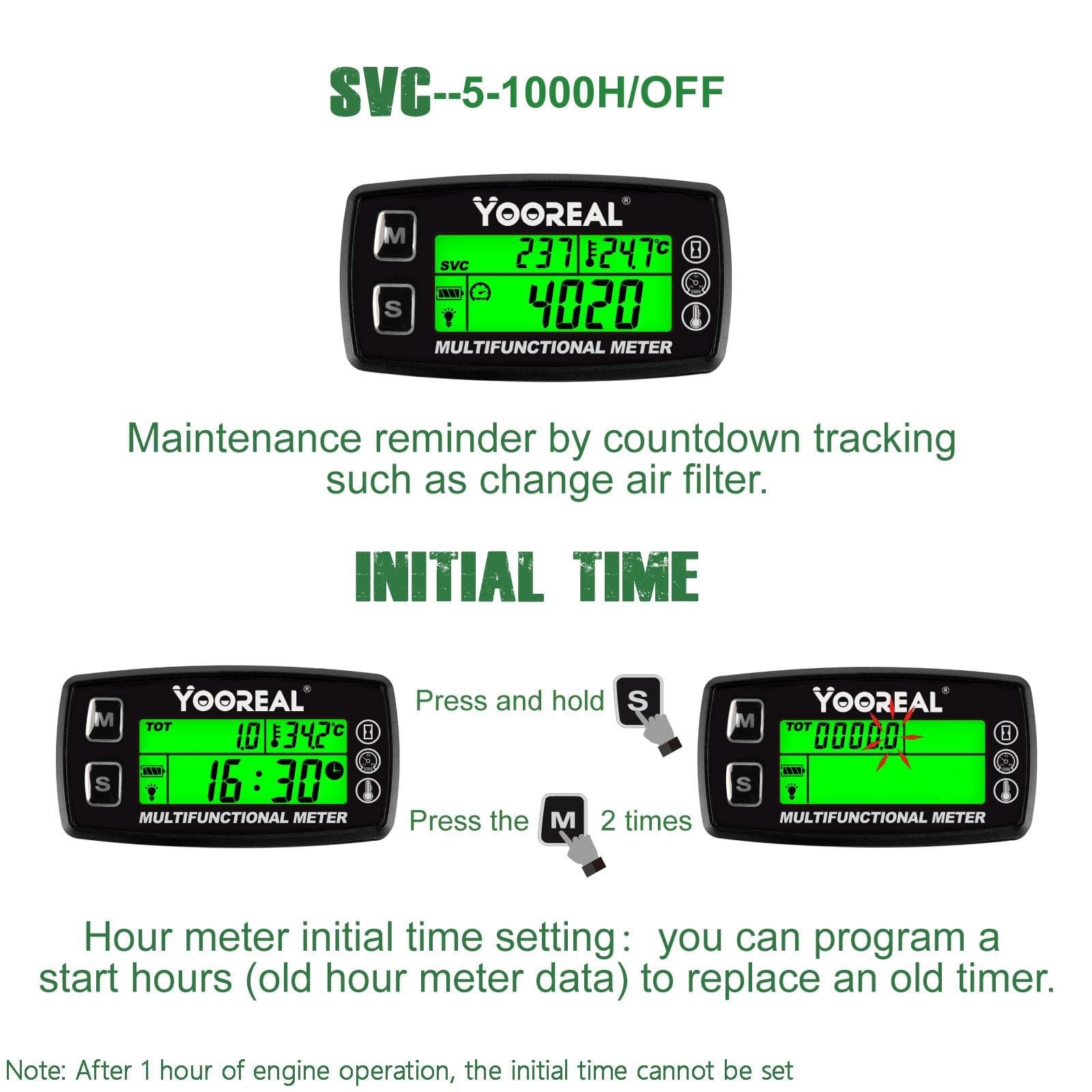 Yooreal Motorwasseröltemperaturanzeige Digitaler Drehzahlmesser, Betriebsstundenzähler,Alarmdrehzahl und Temperatur, Hintergrundbeleuchtung Anzeige für Rasentraktor, Kompressor, Generator, Schneemobil
