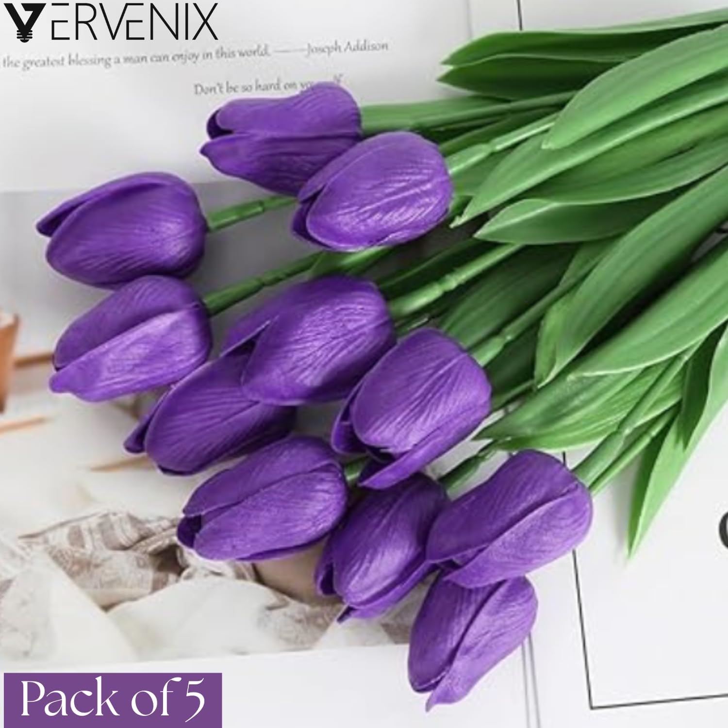 5 Pcs Artificial Tulip Lily Flowers for Vase – Home Décor, Living Room, Bedroom, Party & Wedding Decoration Items Grape Voilet, Fabric, Vase Not Included