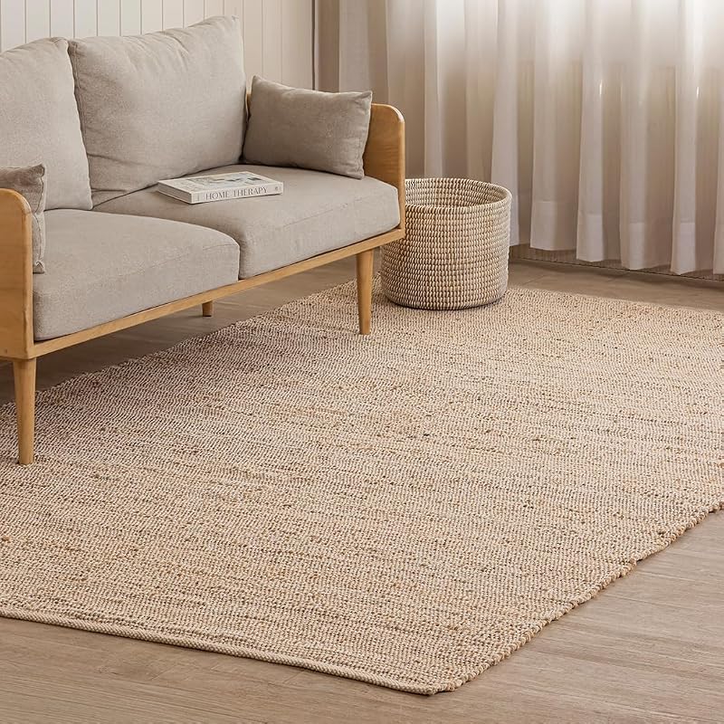 HOMEMONDE Rectangle Natural Jute Cotton Area Rug | Handwoven Reversible Boho Farmhouse Carpet for Living Room, Bedroom & Dining Room | 6' x 9' | Natural