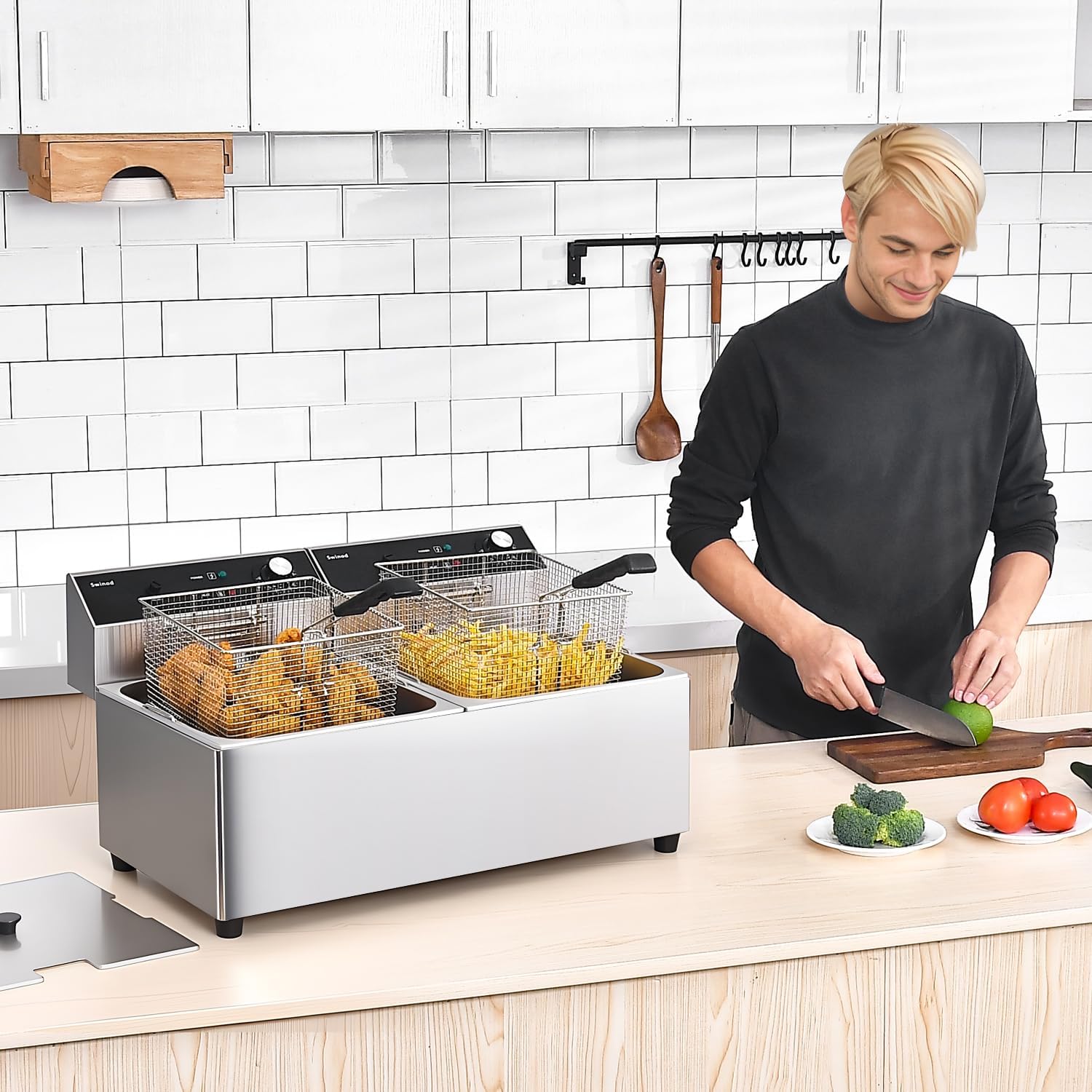 Commercial Deep Fryer with Basket, 3400w Dual 14Qt Oil Tank 0.6mm Thickened Stainless Steel Countertop Electric Fryer for Home and Commercial Use, Oil Fryer with Double Overheat Protection
