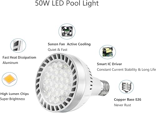 Miniatura 2 de Bombilla LED para piscina de 120 V, 50 W, luz diurna blanca, 6000 K, 5000 lúmenes, E27E26, repuesto para la mayoría de las lámparas Pentair Hayward