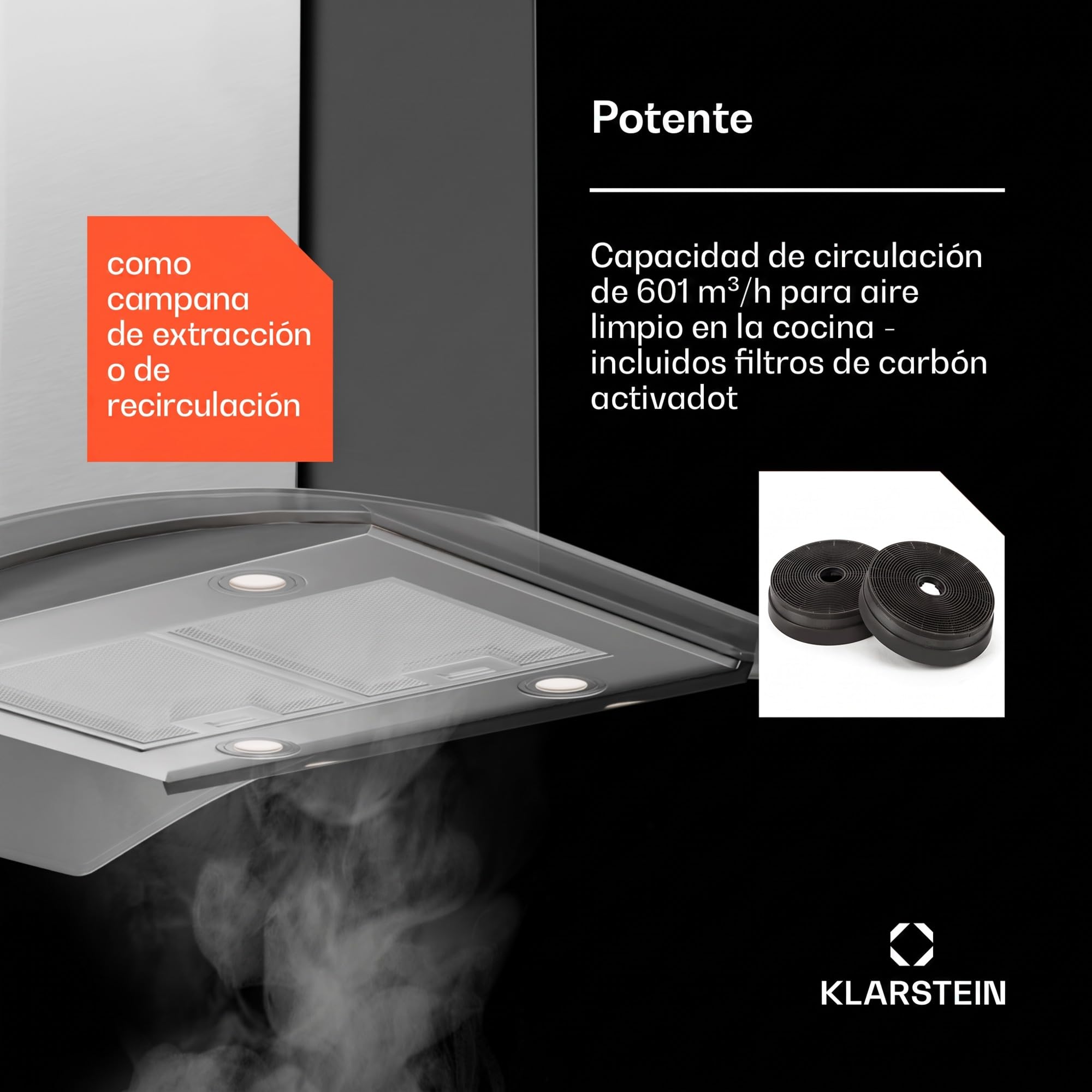 Klarstein Campana Extractora Cocina, Extractor con Filtros Anti Grasa para Lavar en Lavavajillas, Campanas Extractoras con Flujo Aire 600 m³/h Airflow, Extractores Cocinas