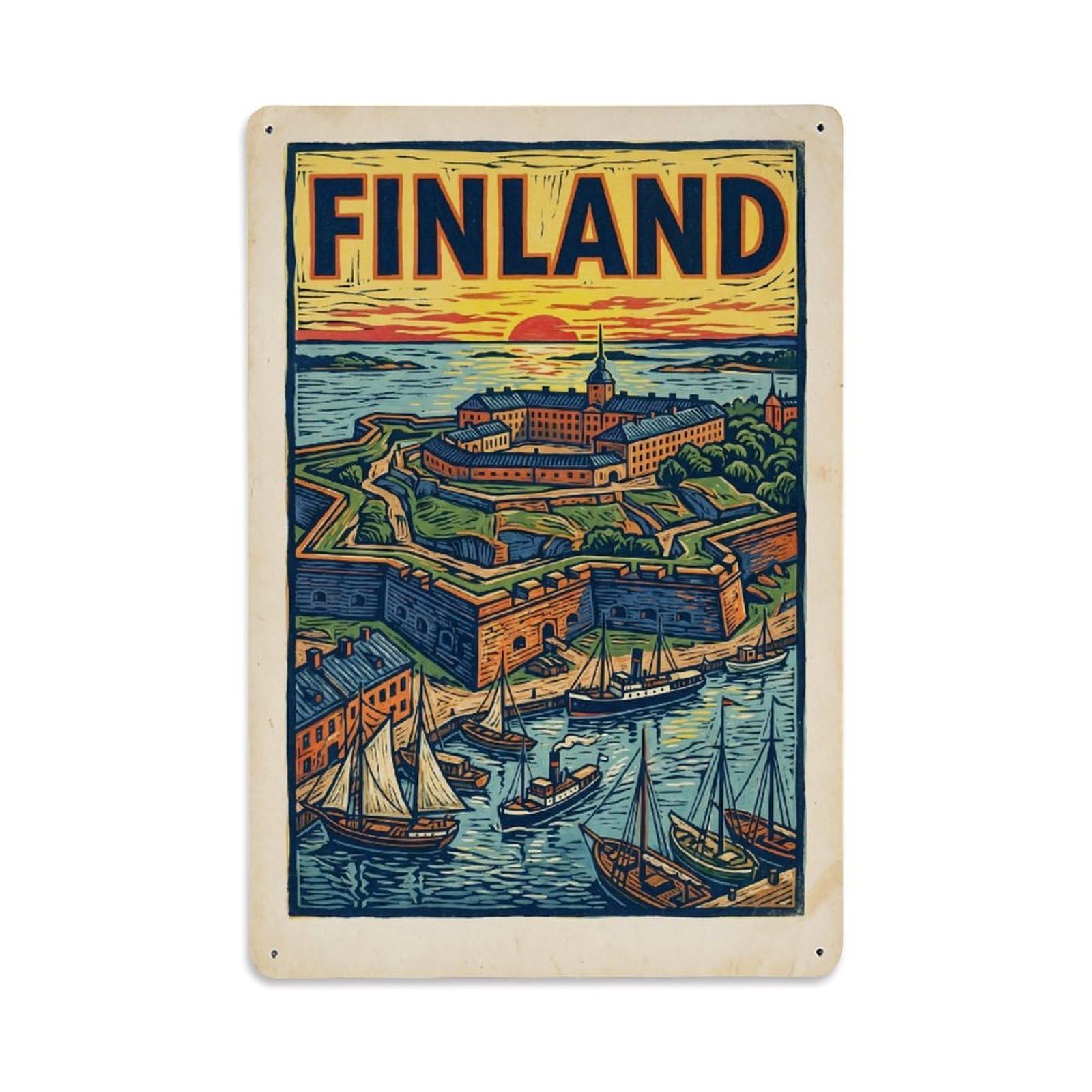 Olhnbad Style Finland Fortress Map Heritage Coastal Travel Metal Tin Sign